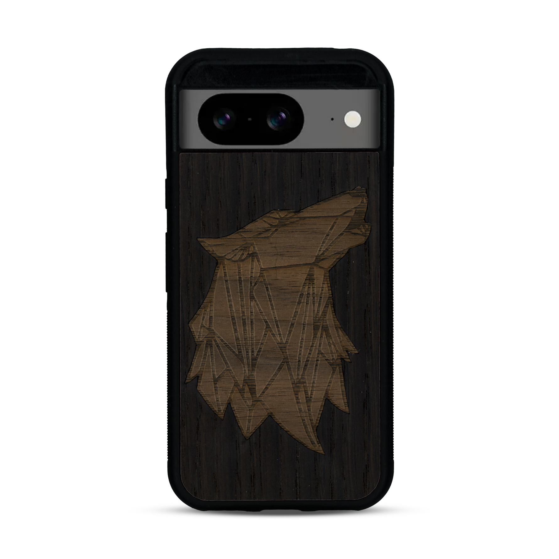 Coque de protection en bois véritable fabriquée en France pour  alliant du chêne fumé et du noyer représentant une tête de loup géométrique de profil sur le thème des animaux et de la nature