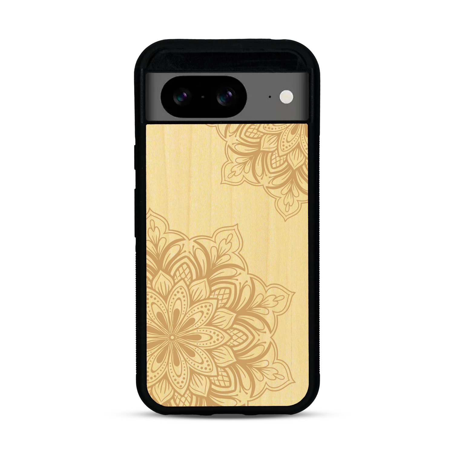 Coque de protection en bois véritable fabriquée en France pour  sur le thème de la bohème et du tatouage au henné avec une gravure représentant un mandala