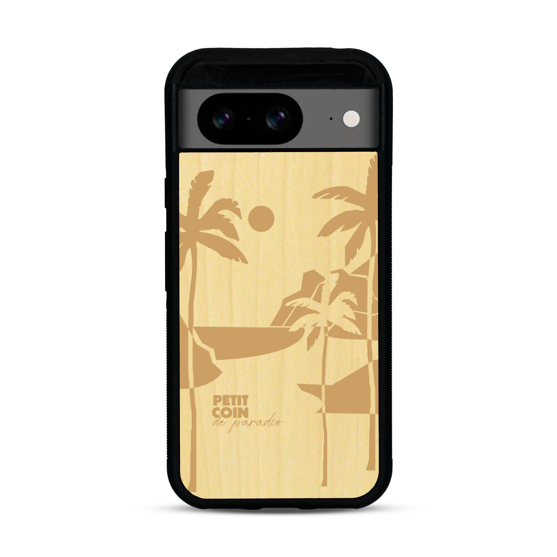 Coque de protection en bois véritable fabriquée en France pour  sur le thème des voyages en vans, vanlife et chill avec une gravure représentant un van vw combi devant le soleil couchant sur une plage avec des vagues