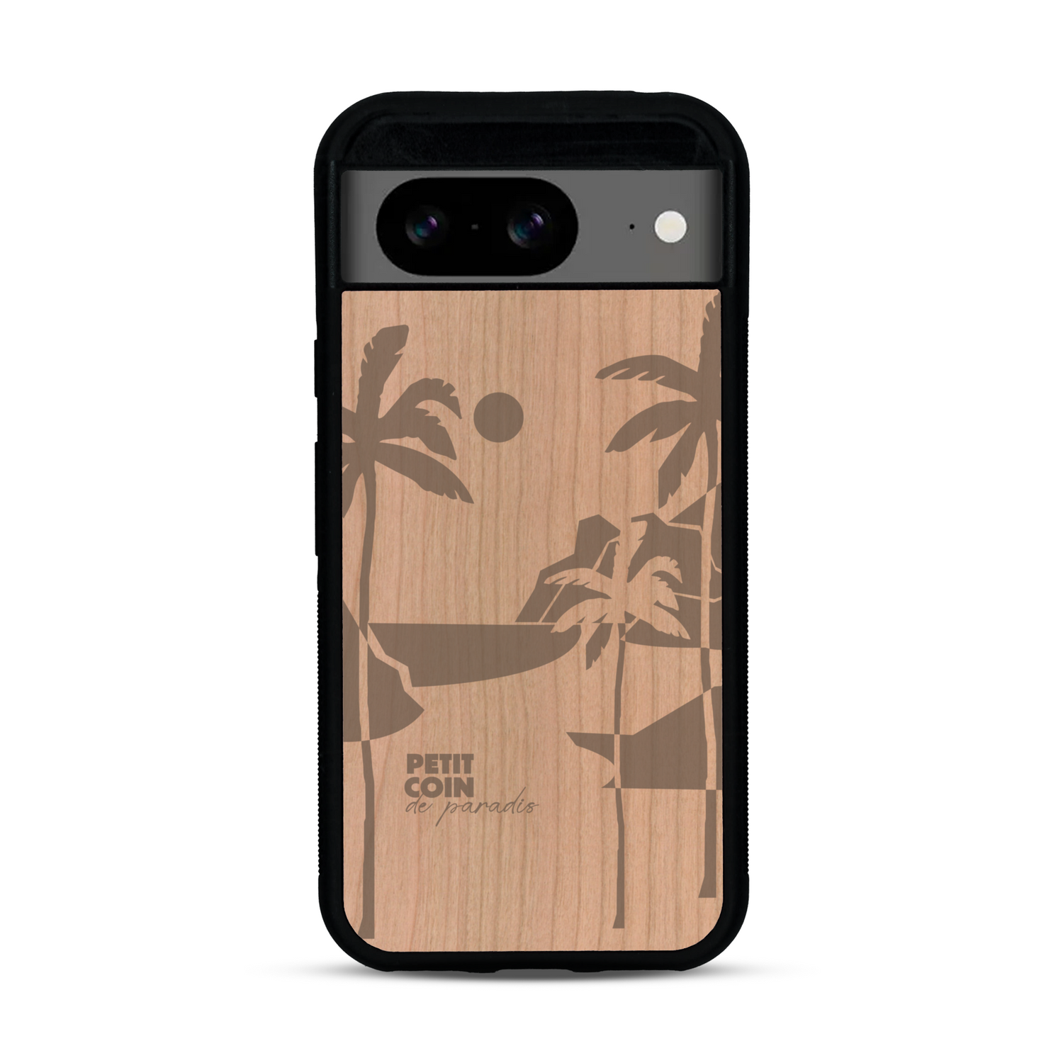 Coque de protection en bois véritable fabriquée en France pour  sur le thème des voyages en vans, vanlife et chill avec une gravure représentant un van vw combi devant le soleil couchant sur une plage avec des vagues
