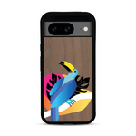 Coque de protection en bois véritable fabriquée en France pour Google Pixel 8A représentant un toucan coloré avec un design moderne et minimaliste sur le thème de la jungle et de la nature