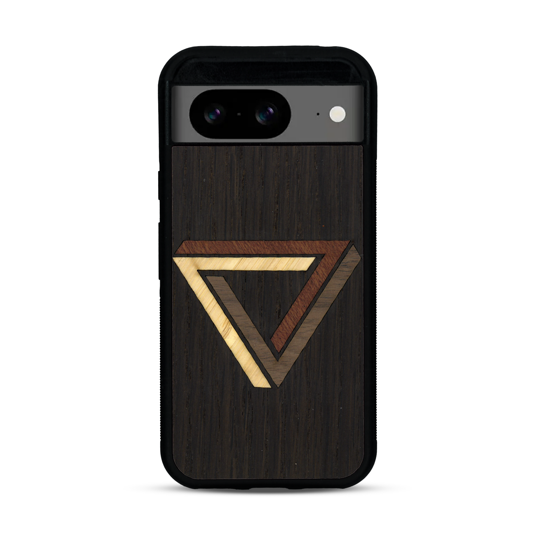 Coque de protection en bois véritable fabriquée en France pour  sur le thème de l'art géométrique qui allie du chêne fumé, du noyer, du bambou et du padouk représentant le triangle de penrose