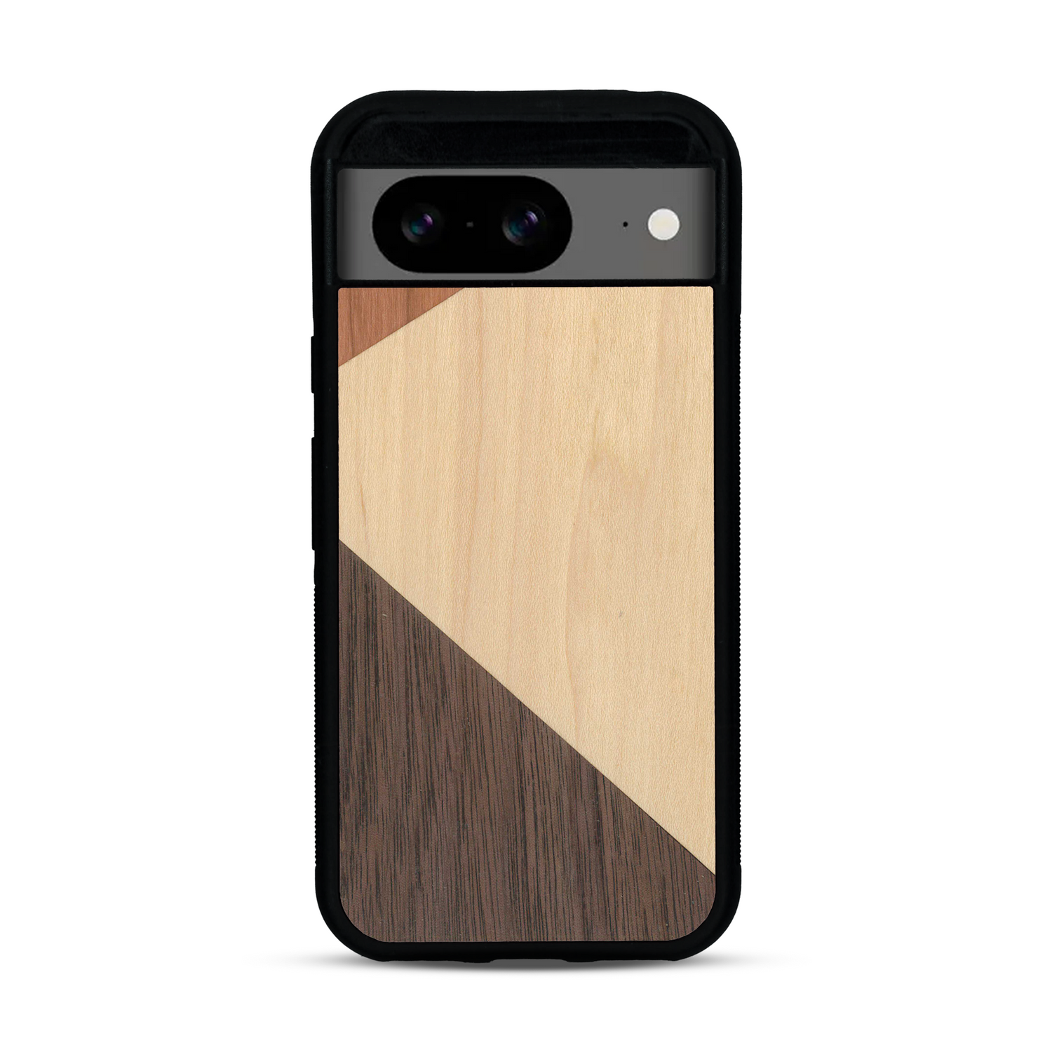 Coque de protection en bois véritable fabriquée en France pour  alliant du merisier, du noyer et du bambou formant chacun deux triangles et un trapèze avec deux jointures en diagonale sur le thème de l'art abstrait