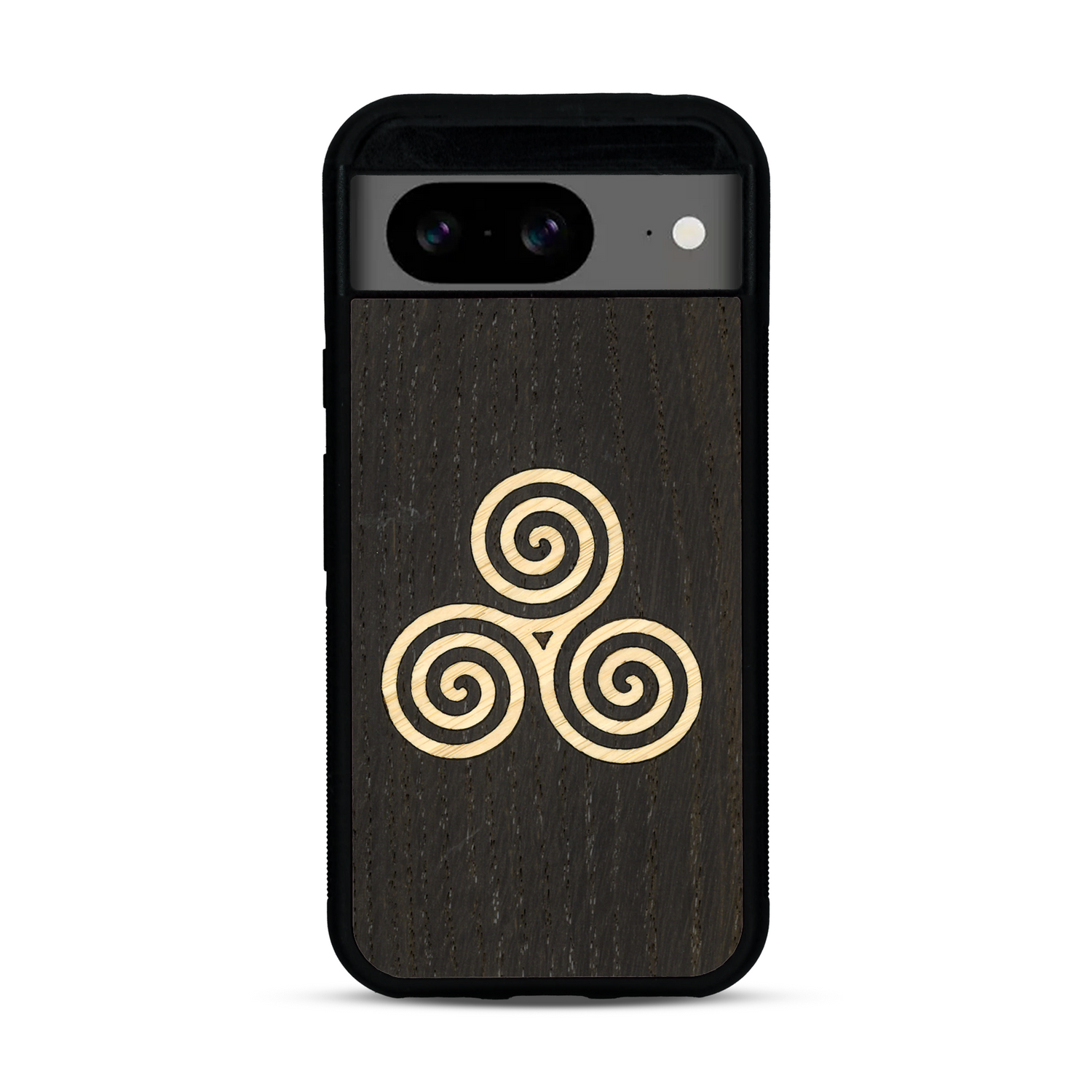 Coque de protection en bois véritable fabriquée en France pour  alliant du chêne fumé et du bambou et doré représentant un triskell