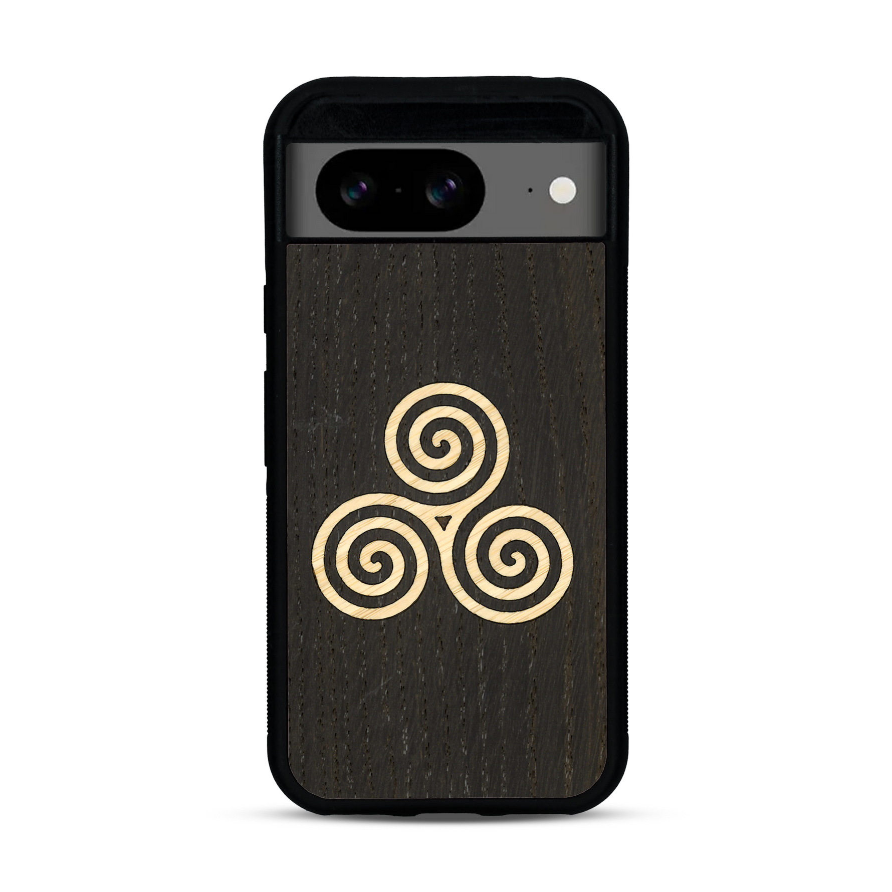 Coque de protection en bois véritable fabriquée en France pour  alliant du chêne fumé et du bambou et doré représentant un triskell
