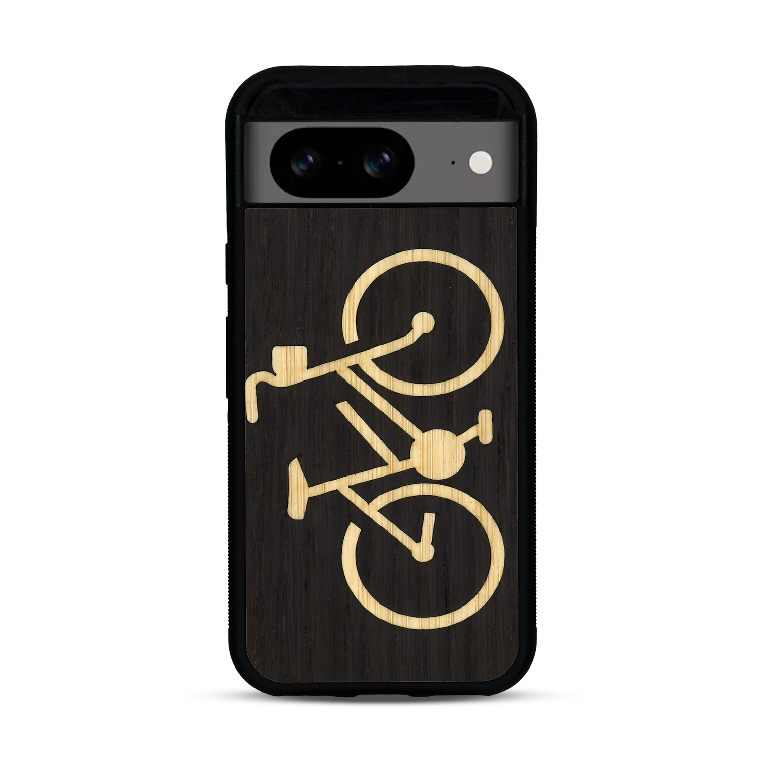 Coque de protection en bois véritable fabriquée en France pour  sur le theme du vélo et de l'outdoor qui allie du bambou et du chêne fumé représentant un vélo