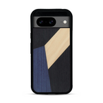 Coque de protection en bois véritable fabriquée en France pour  alliant du bambou, du tulipier bleu et noir en forme de mosaïque minimaliste sur le thème de l'art abstrait