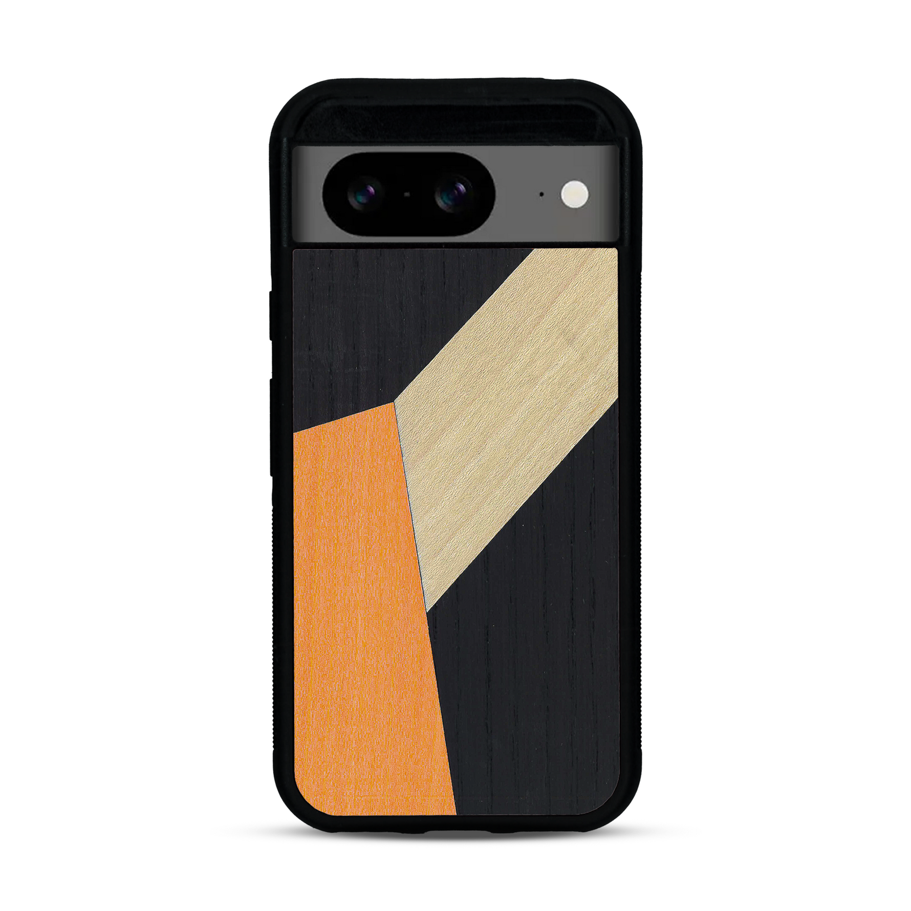 Coque de protection en bois véritable fabriquée en France pour  alliant du bambou, du tulipier orange et noir en forme de mosaïque minimaliste sur le thème de l'art abstrait