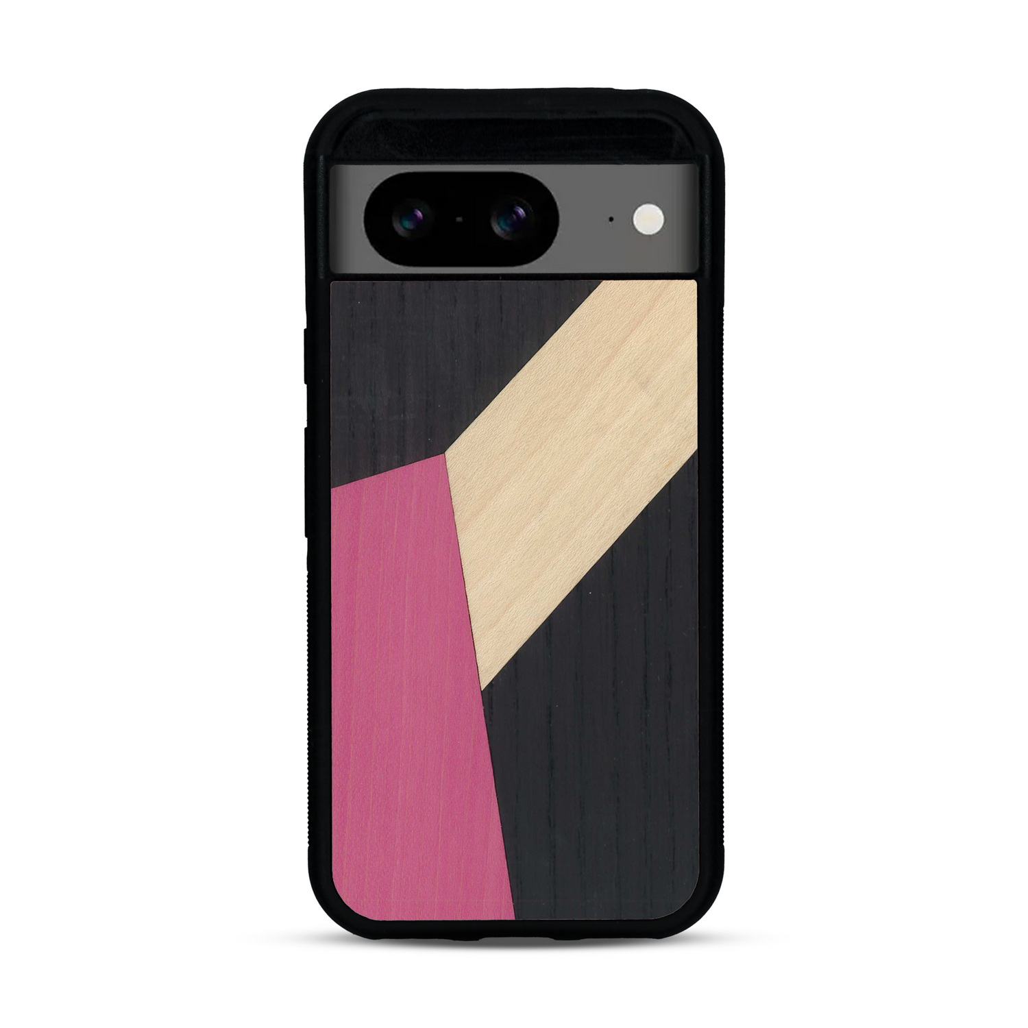 Coque de protection en bois véritable fabriquée en France pour  alliant du bambou, du tulipier rose et noir en forme de mosaïque minimaliste sur le thème de l'art abstrait
