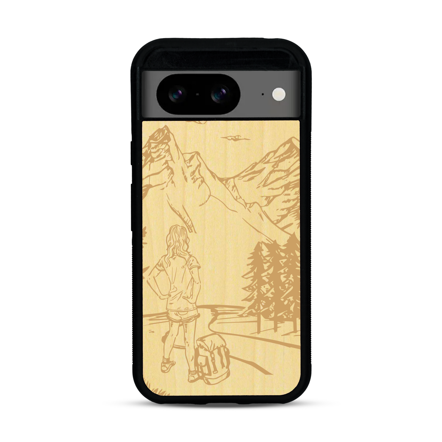 Coque de protection en bois véritable fabriquée en France pour  sur le thème de la randonnée en montagne et de l'aventure avec une gravure représentant une femme de dos face à un paysage de nature