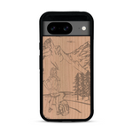 Coque de protection en bois véritable fabriquée en France pour  sur le thème de la randonnée en montagne et de l'aventure avec une gravure représentant une femme de dos face à un paysage de nature