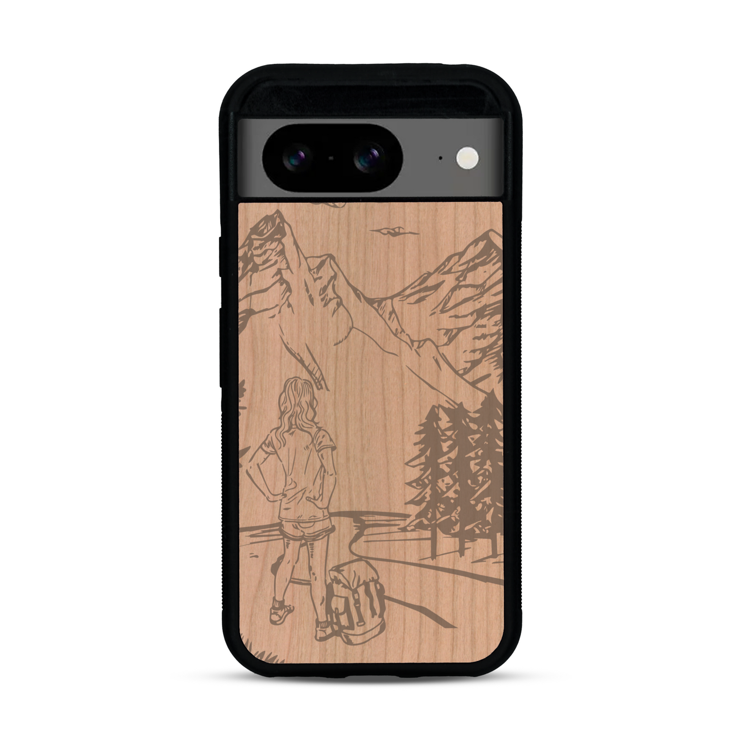 Coque de protection en bois véritable fabriquée en France pour  sur le thème de la randonnée en montagne et de l'aventure avec une gravure représentant une femme de dos face à un paysage de nature