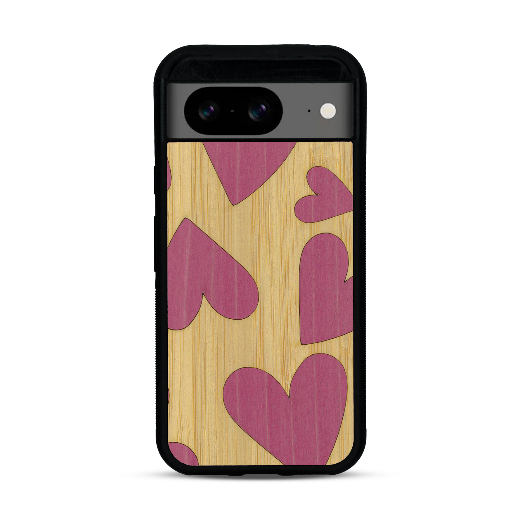 Coque de protection en bois véritable fabriquée en France pour  alliant plusieurs essences de bois pour représenter des coeurs pour les amoureux