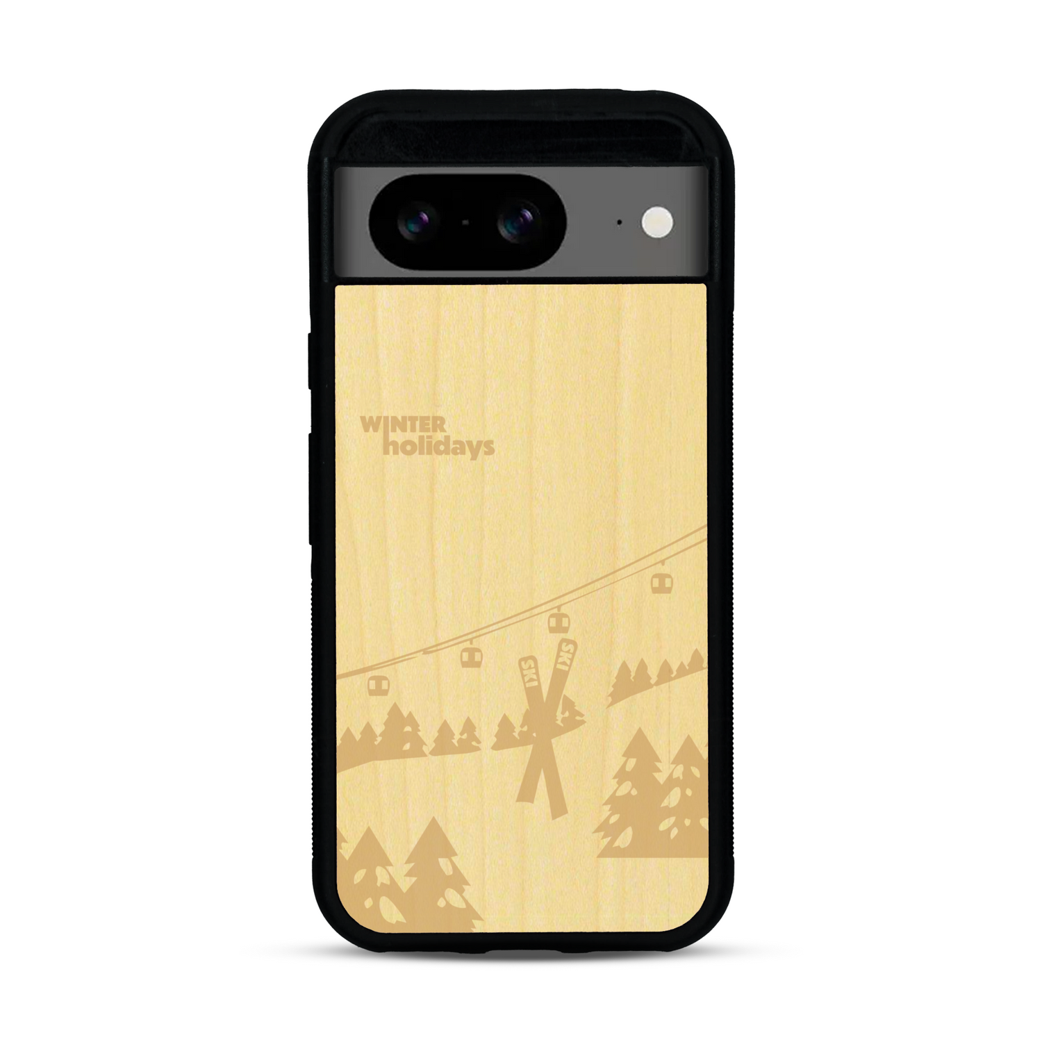 Coque de protection en bois véritable fabriquée en France pour  sur le thème de la montagne, du ski et de la neige avec un motif représentant une paire de ski plantée dans la neige avec en fond des montagnes enneigées