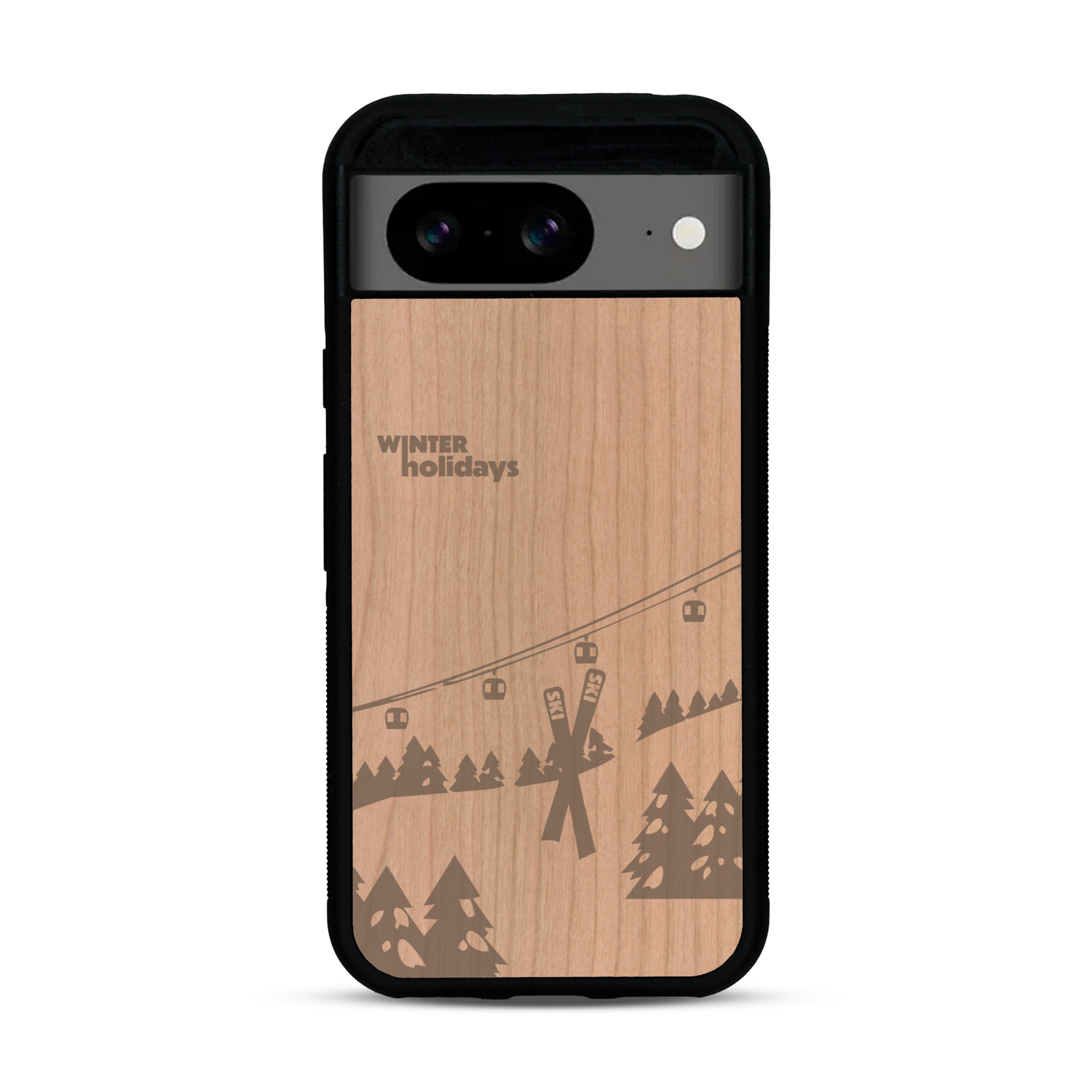 Coque de protection en bois véritable fabriquée en France pour  sur le thème de la montagne, du ski et de la neige avec un motif représentant une paire de ski plantée dans la neige avec en fond des montagnes enneigées