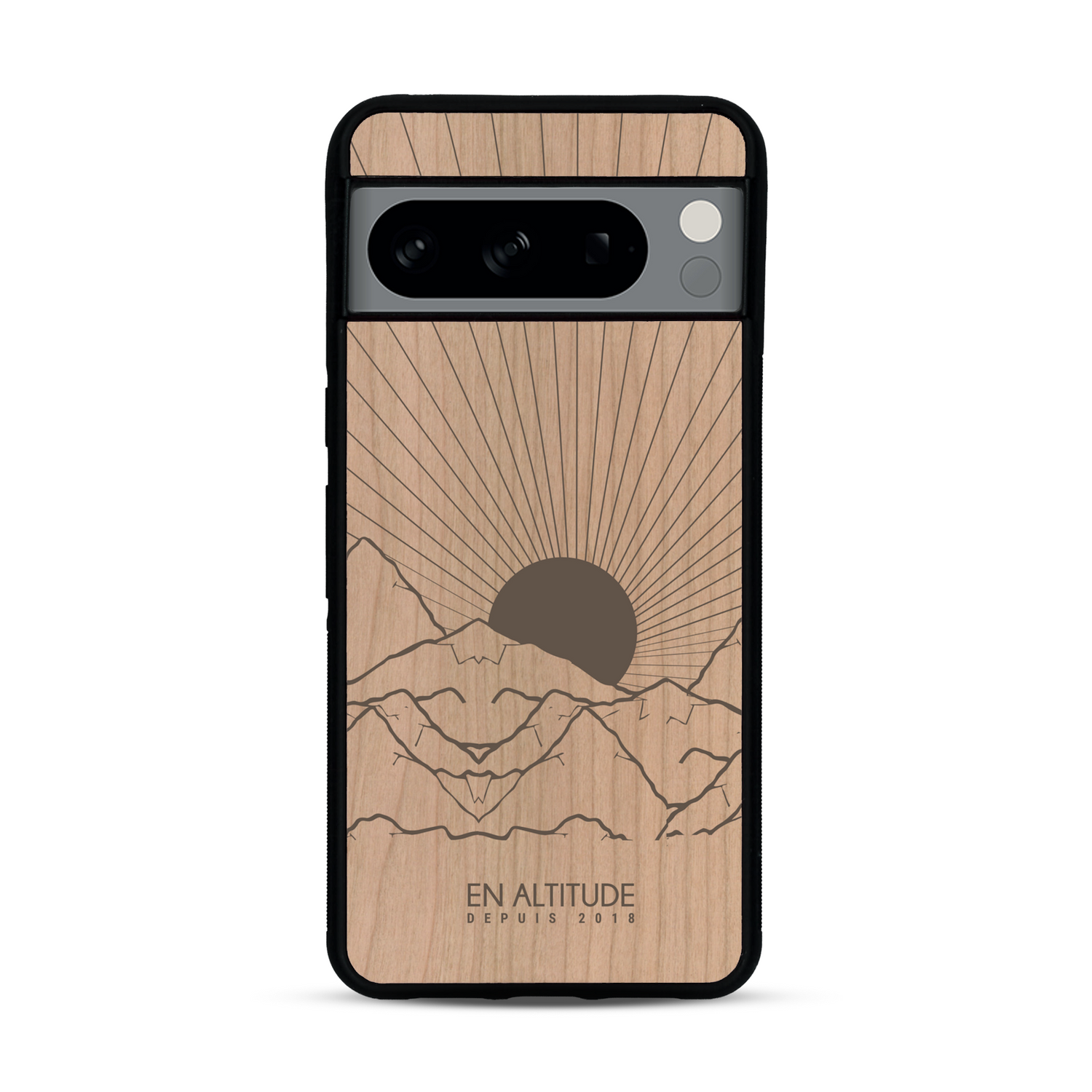 Coque de protection en bois véritable fabriquée en France pour  représentant des montagnes, sur le thème de la randonnée en pleine nature et du trail