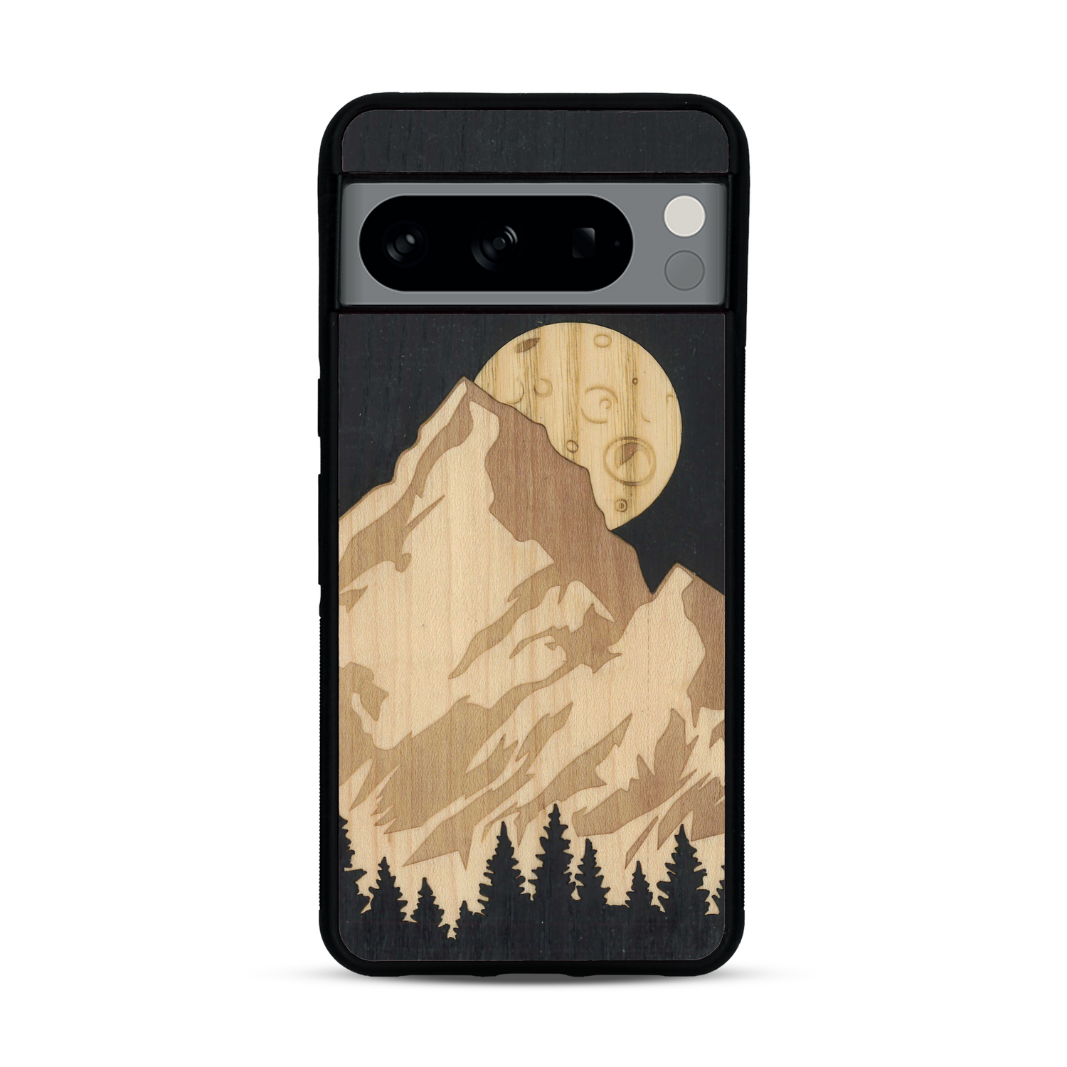 Coque de protection en bois véritable fabriquée en France pour  alliant plusieurs essences de bois pour représenter le mont Everest