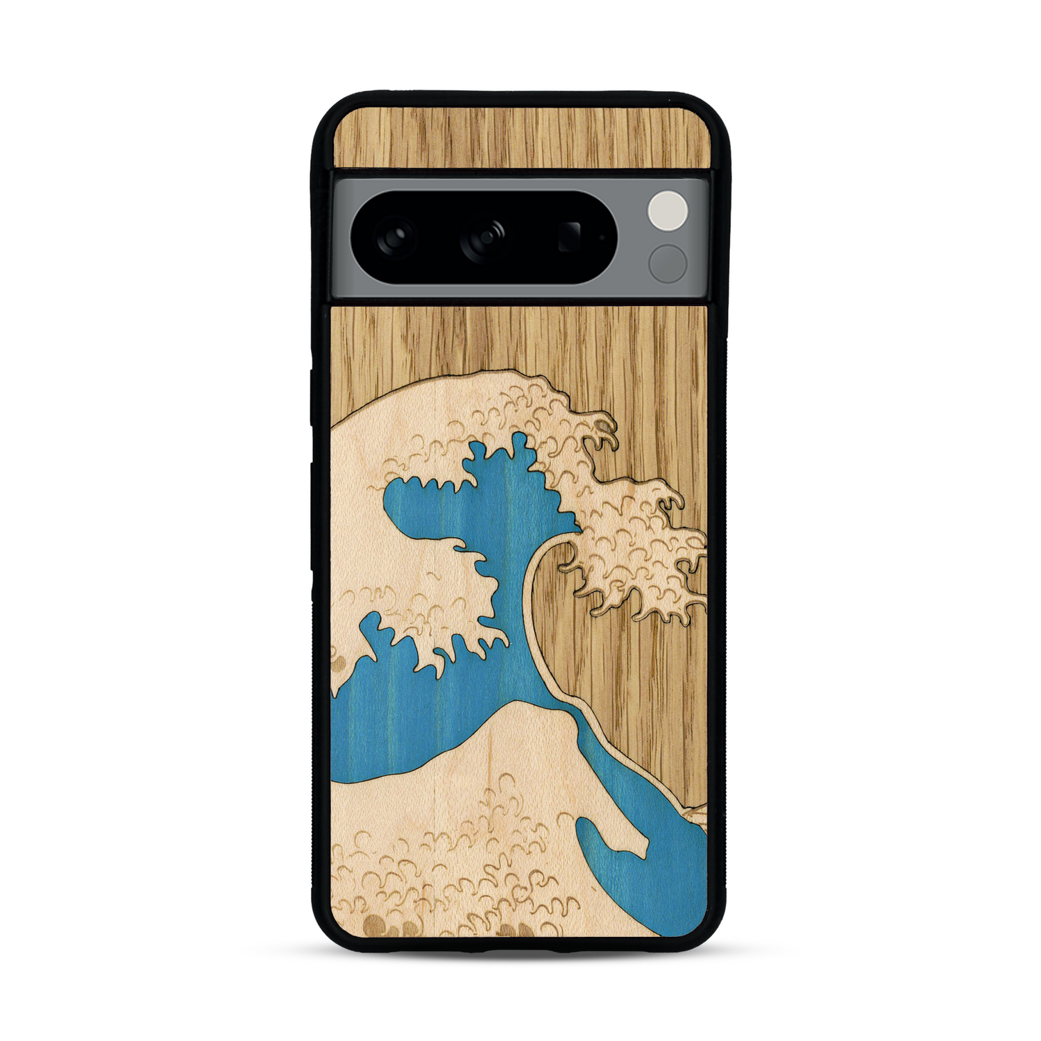 Coque de protection en bois véritable fabriquée en France pour  alliant plusieurs essences de bois pour représenter la célèbre grande vague de Kanagawa