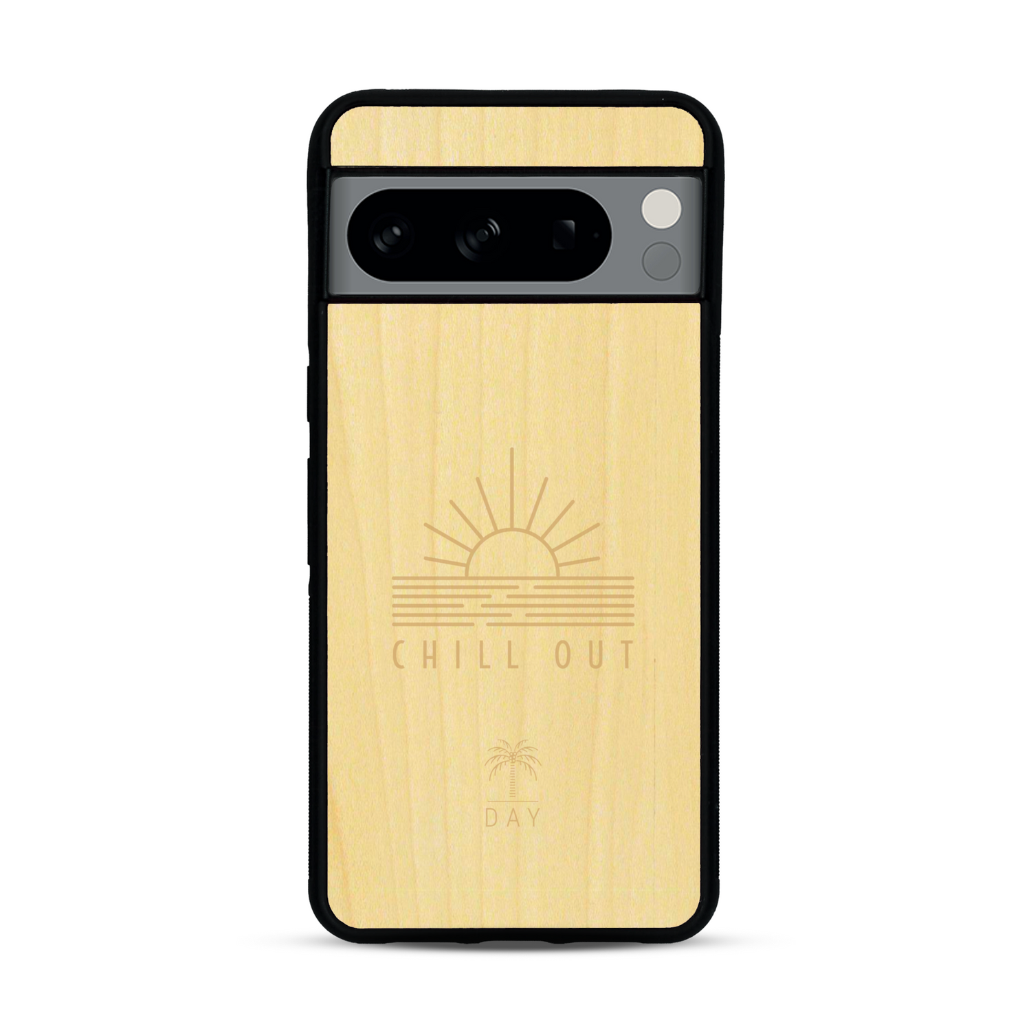 Coque de protection en bois véritable fabriquée en France pour  sur le thème chill avec un motif représentant un couché de soleil sur l'océan et la phrase "Chill out"