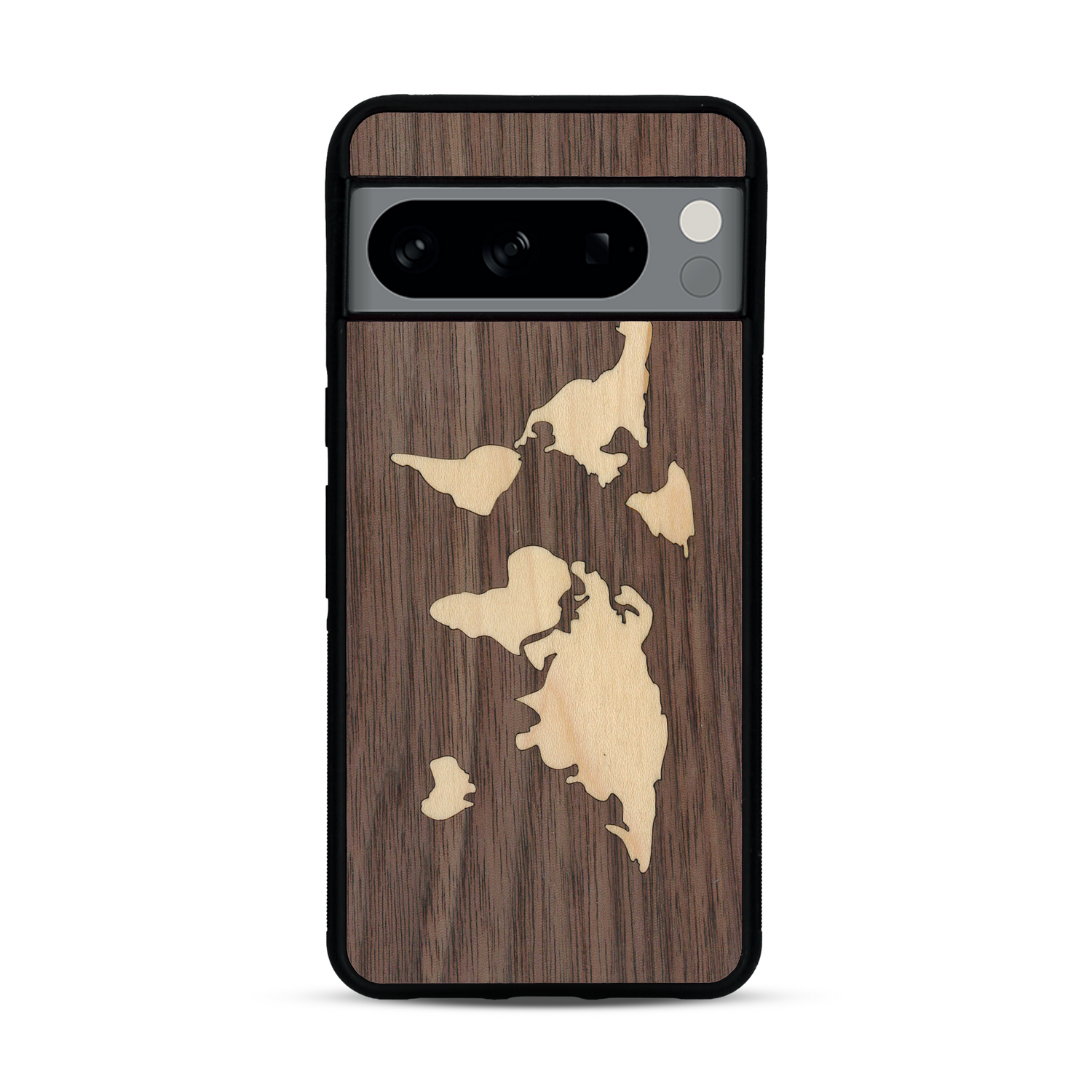 Coque de protection en bois véritable fabriquée en France pour  alliant du bambou et du noyer sur le thème du voyage et de l'aventure représentant une mappemonde