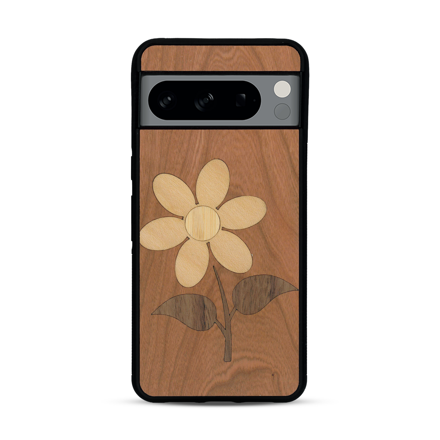 Coque de protection en bois véritable fabriquée en France pour  alliant plusieurs essences de bois pour représenter une marguerite