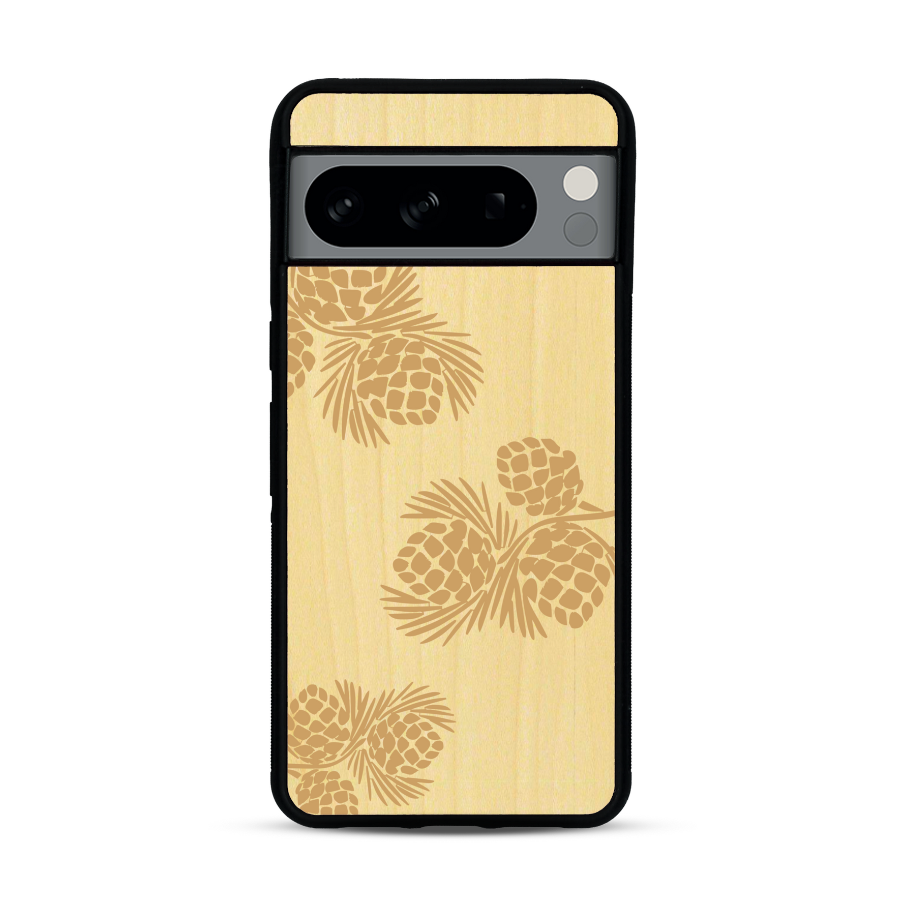 Coque de protection en bois véritable fabriquée en France pour  sur le thème de la nature des arbres avec un motif de gravure représentant des épines de sapin et des pommes de pin