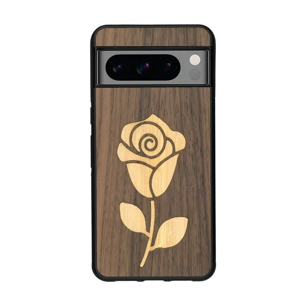 Coque de protection en bois véritable fabriquée en France pour Google Pixel 8pro alliant plusieurs essences de bois pour représenter une rose