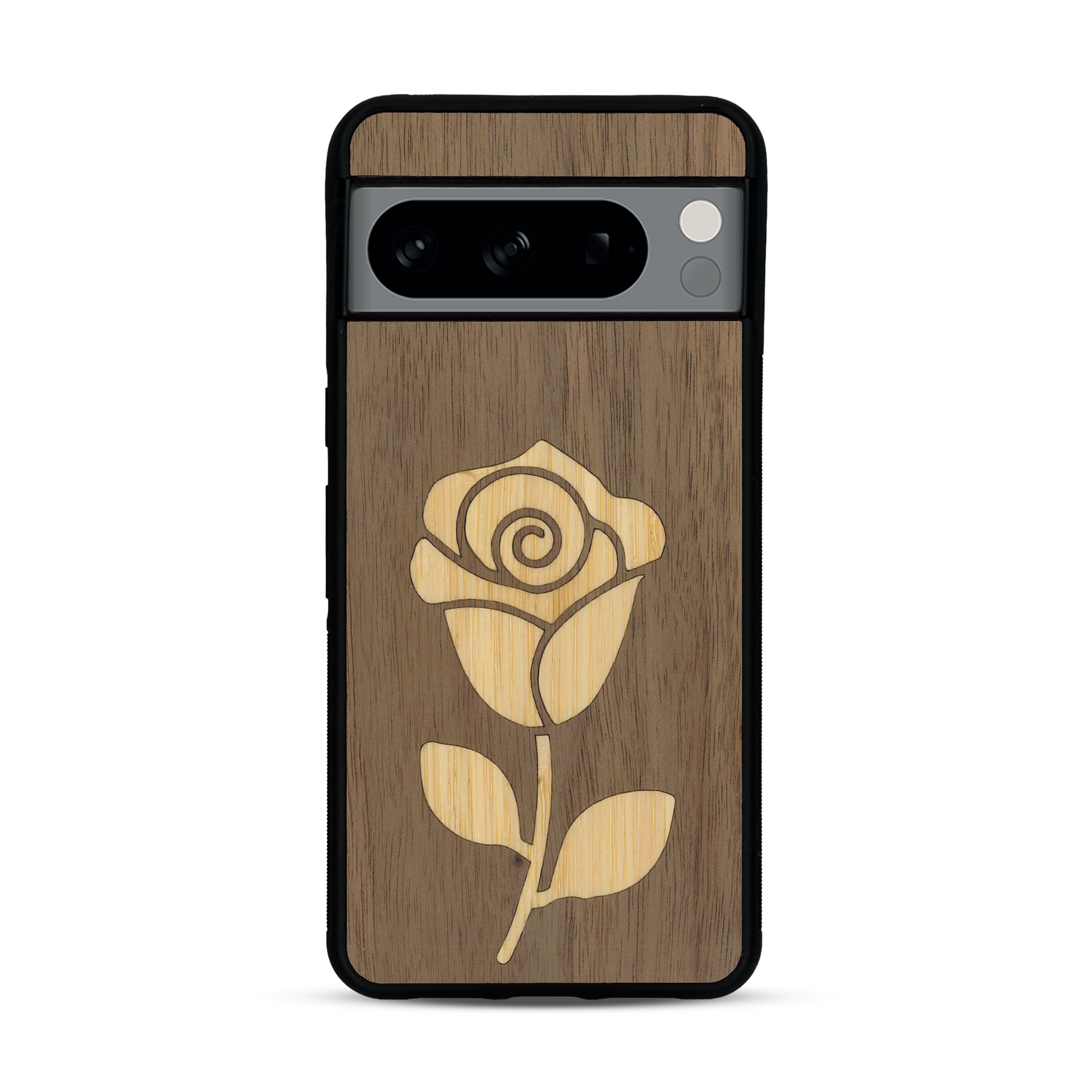 Coque de protection en bois véritable fabriquée en France pour  alliant plusieurs essences de bois pour représenter une rose