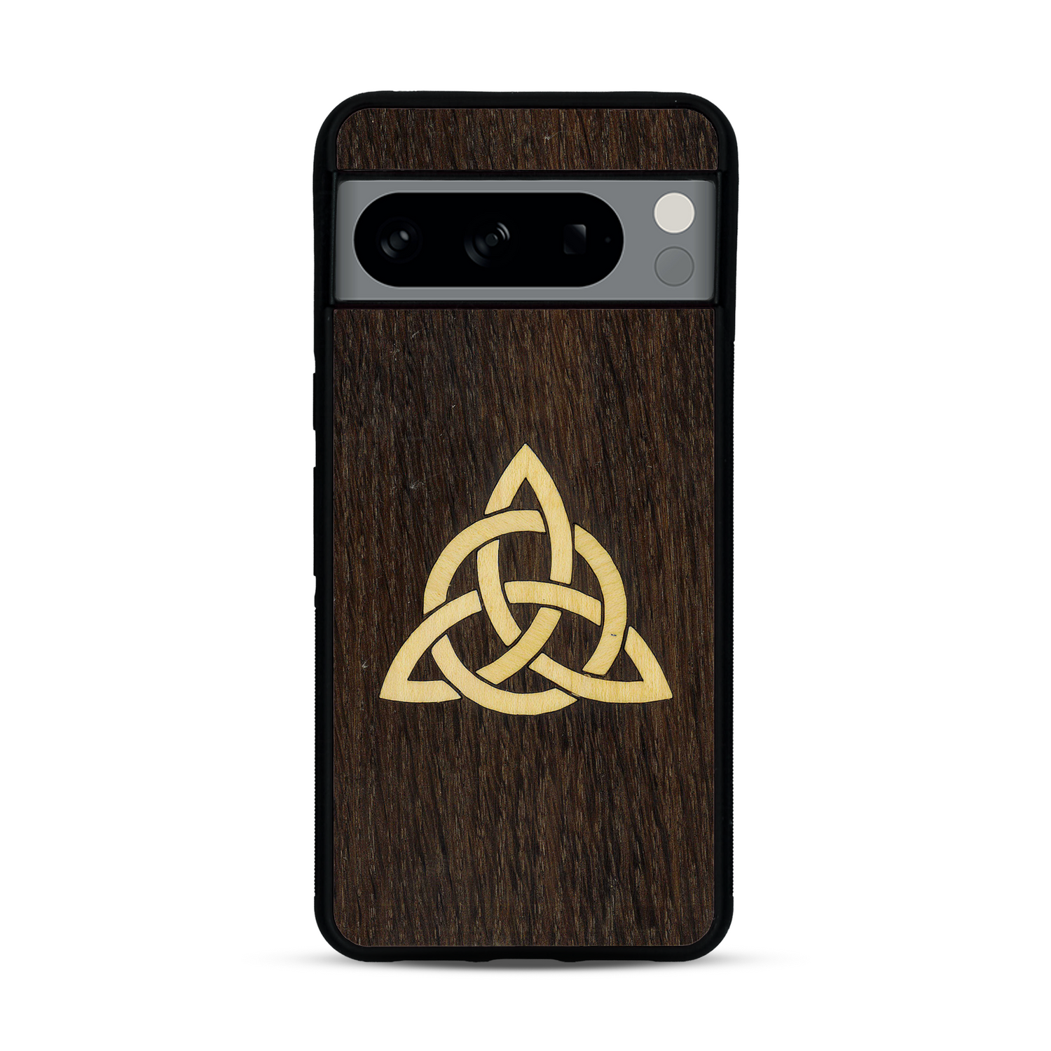 Coque de protection en bois véritable fabriquée en France pour  alliant du chêne fumé et du bambou représentant une triquetra