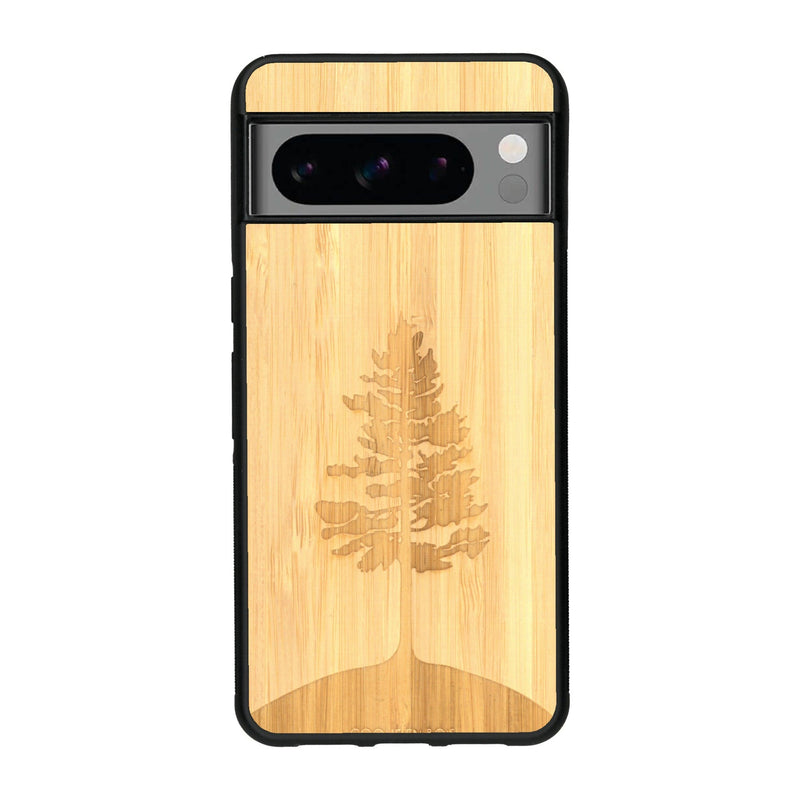 Coque de protection en bois véritable fabriquée en France pour Google Pixel 8pro sur le thème de la nature, de la fôret et de l'écoresponsabilité avec une gravure représentant un arbre 