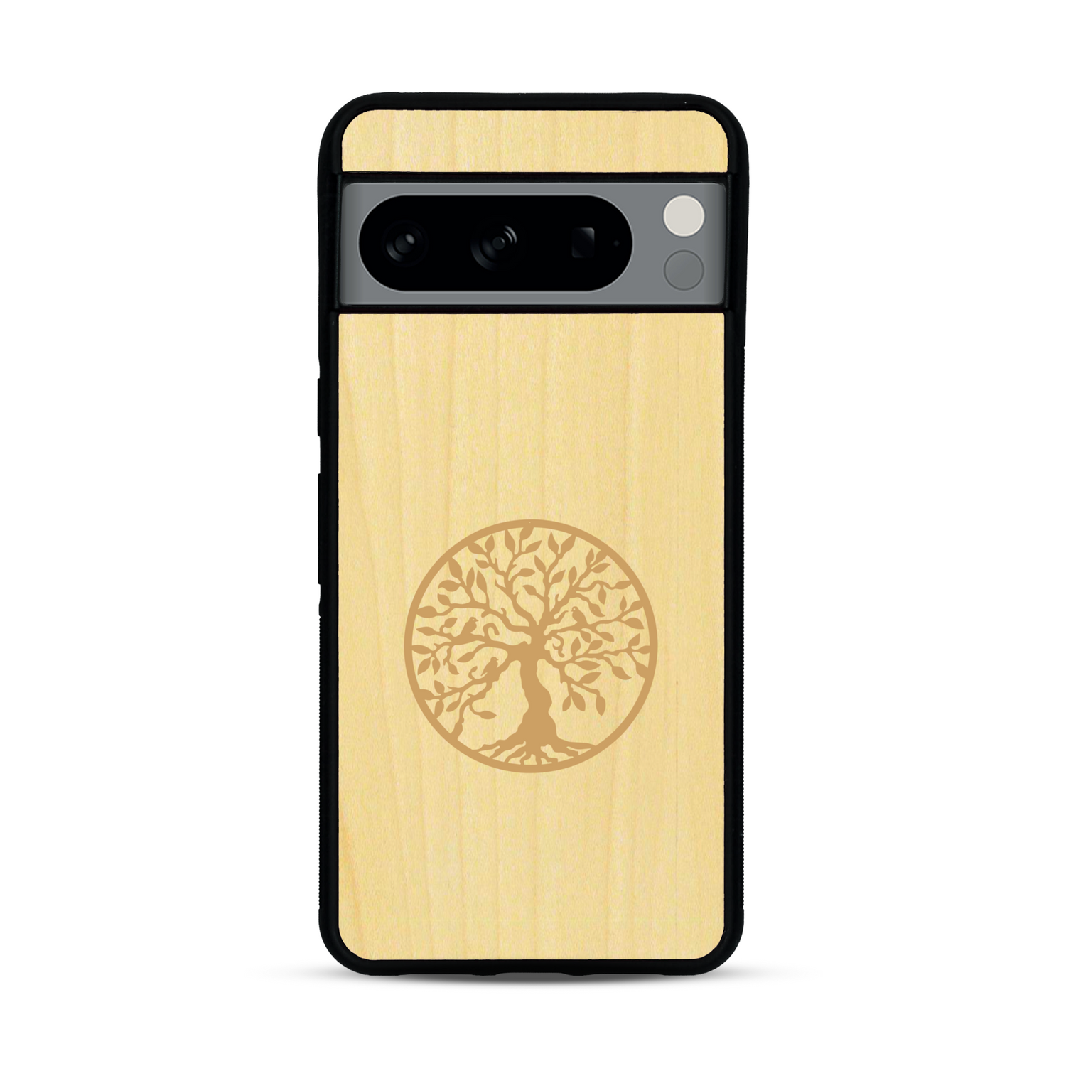 Coque de protection en bois véritable fabriquée en France pour  sur le thème de la spiritualité et du yoga avec une gravure zen représentant un arbre de vie