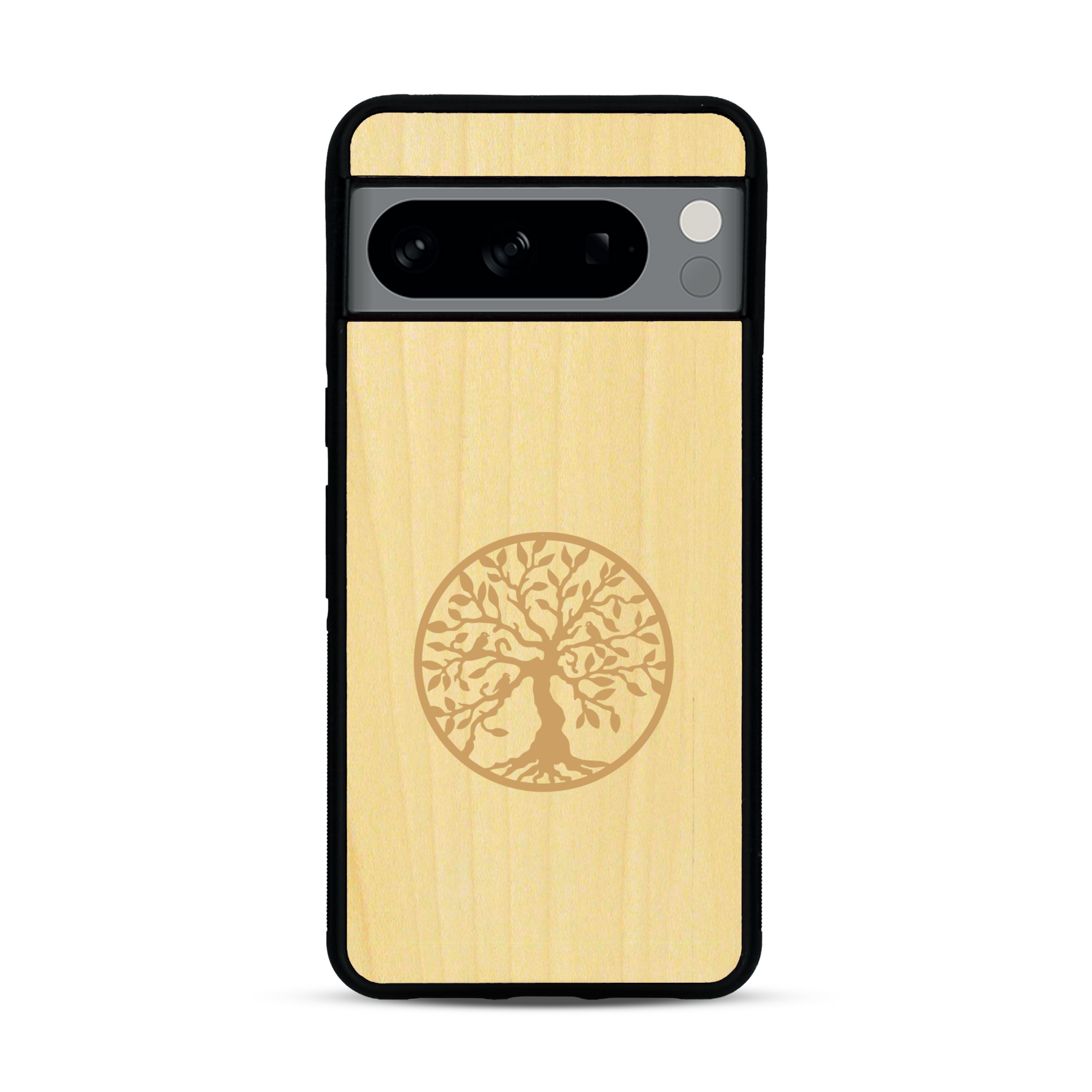 Coque de protection en bois véritable fabriquée en France pour  sur le thème de la spiritualité et du yoga avec une gravure zen représentant un arbre de vie