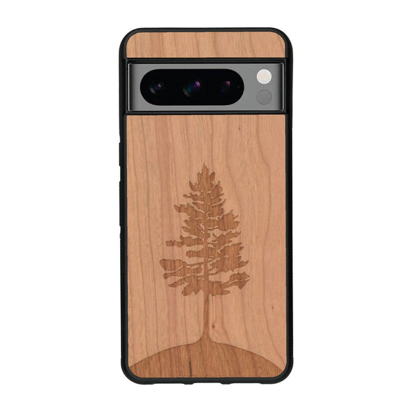 Coque de protection en bois véritable fabriquée en France pour Google Pixel 8pro sur le thème de la nature, de la fôret et de l'écoresponsabilité avec une gravure représentant un arbre 