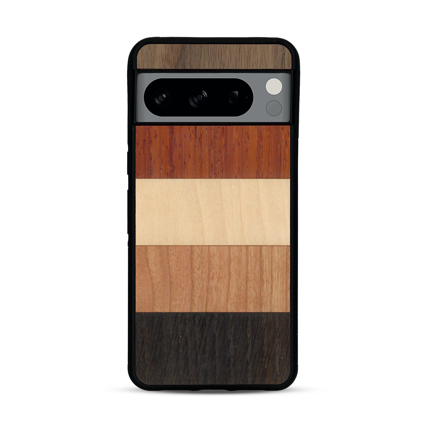 Coque de protection en bois véritable fabriquée en France pour  alliant des bandes horizontales de bambou, merisier, padouk, noyer et chêne fumé