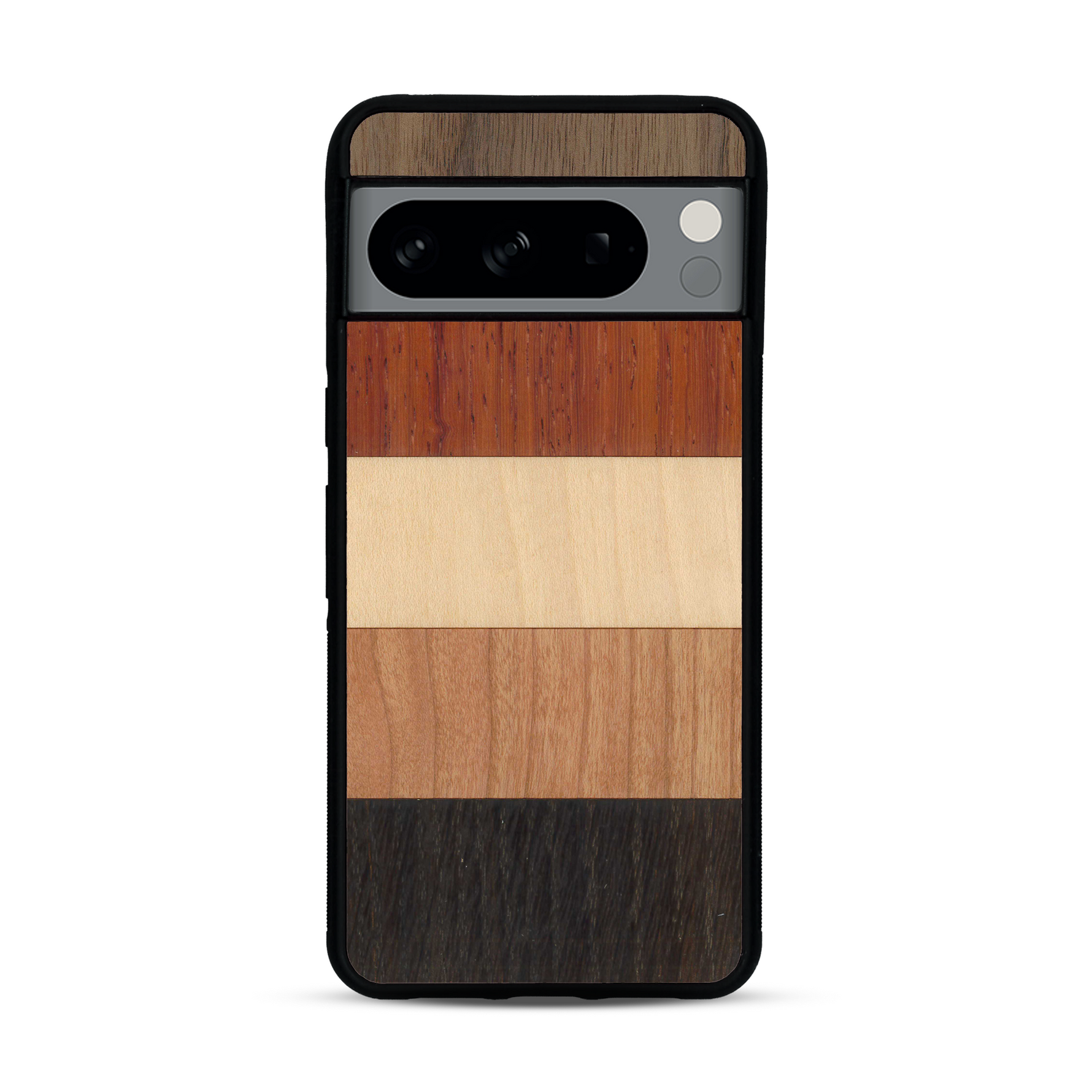 Coque de protection en bois véritable fabriquée en France pour  alliant des bandes horizontales de bambou, merisier, padouk, noyer et chêne fumé