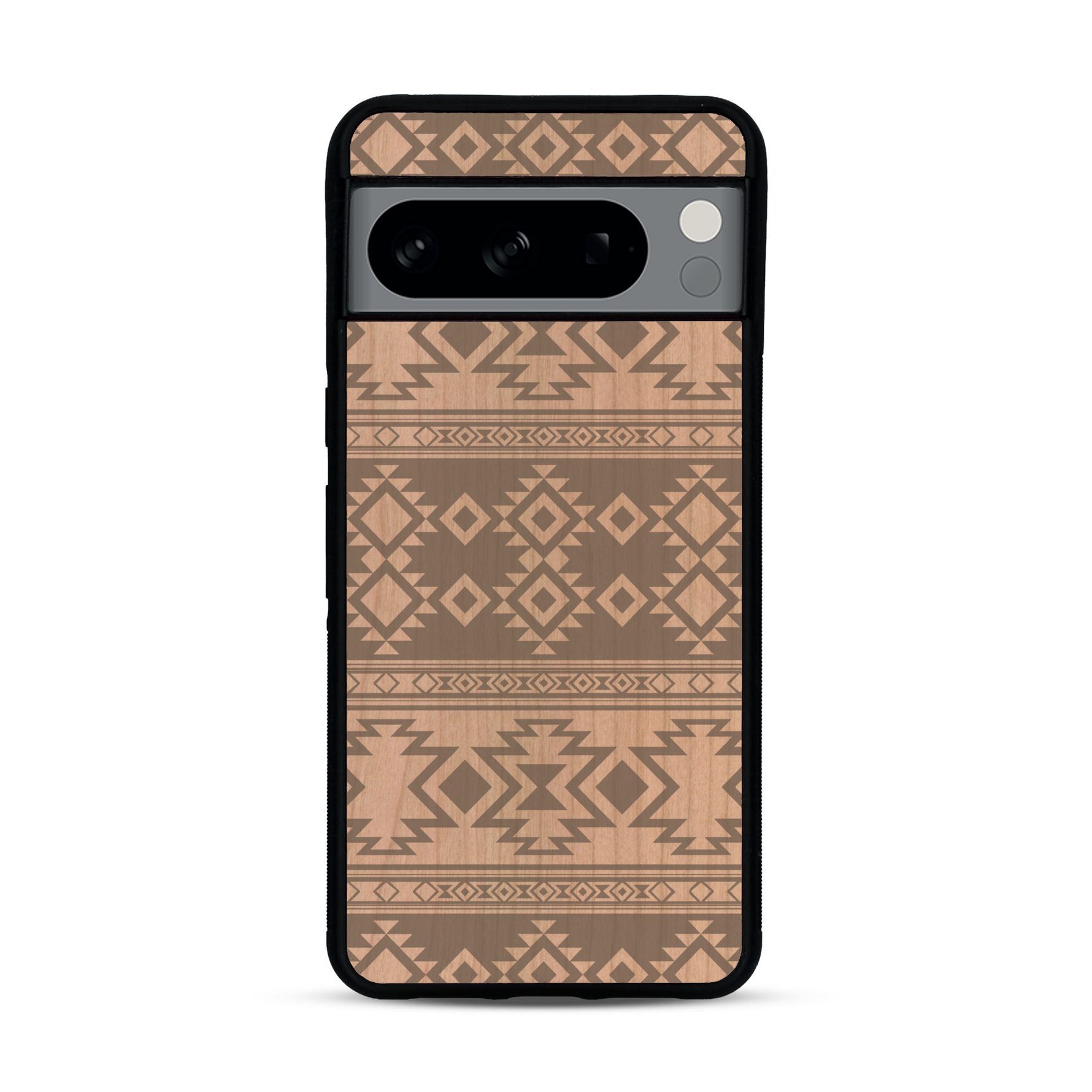 Coque de protection en bois véritable fabriquée en France pour  avec des motifs géométriques s'inspirant des temples aztèques, mayas et incas