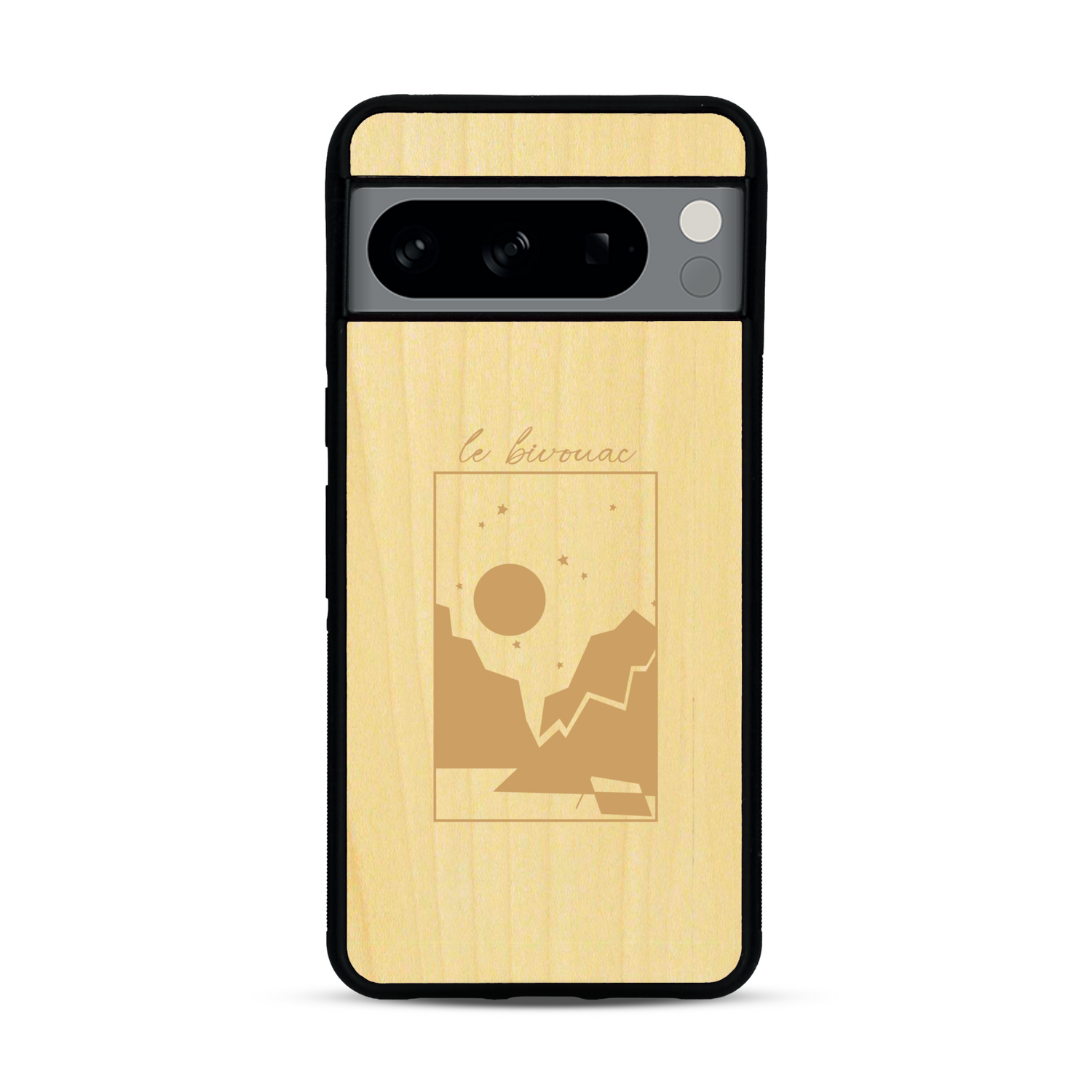 Coque de protection en bois véritable fabriquée en France pour  sur le thème du camping en pleine nature et du bivouac avec la phrase "Aventure is out there"