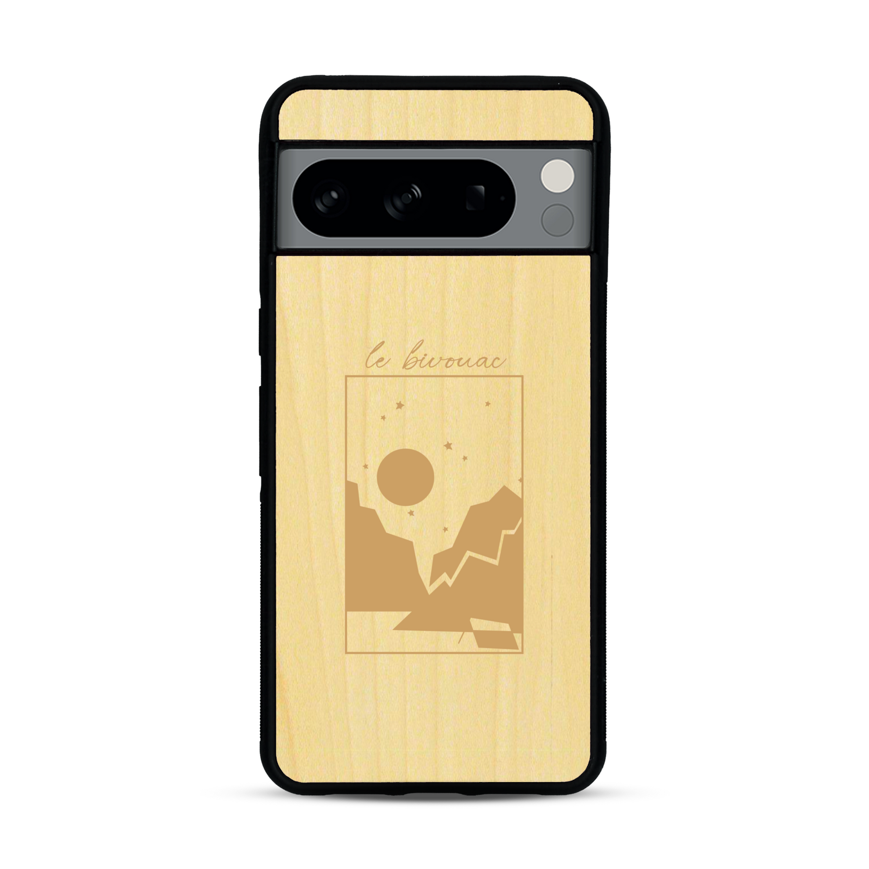 Coque de protection en bois véritable fabriquée en France pour  sur le thème du camping en pleine nature et du bivouac avec la phrase "Aventure is out there"