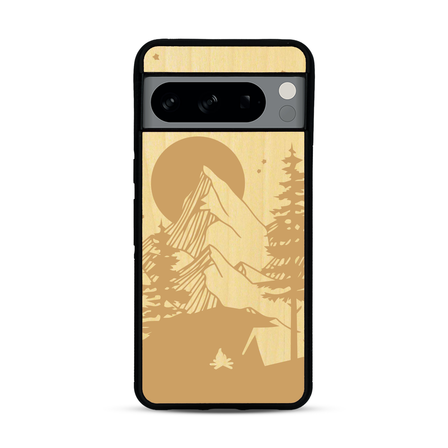 Coque de protection en bois véritable fabriquée en France pour  sur le thème du camping en pleine nature représentant une tente avec un feu de camp entouré de montagnes