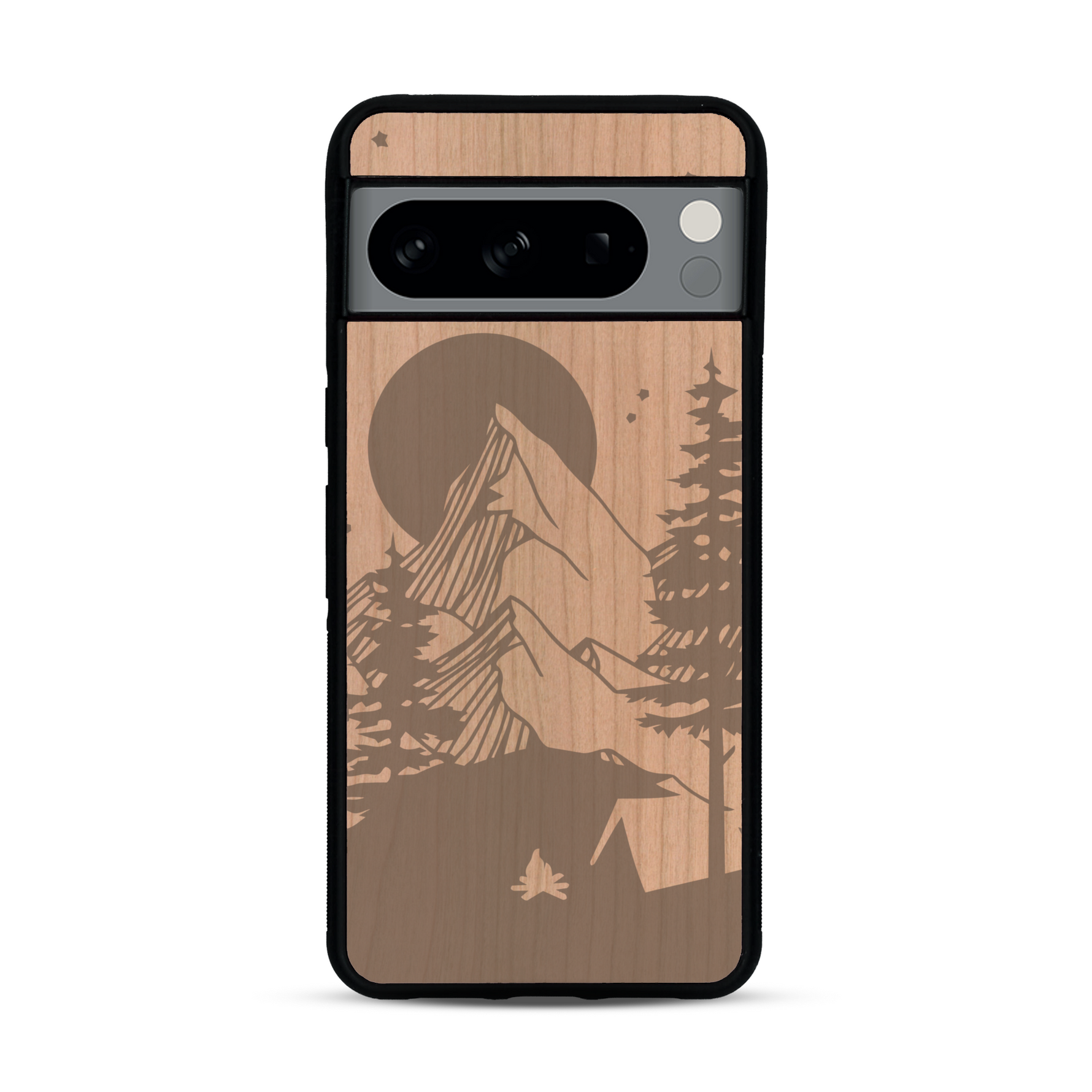 Coque de protection en bois véritable fabriquée en France pour  sur le thème du camping en pleine nature représentant une tente avec un feu de camp entouré de montagnes