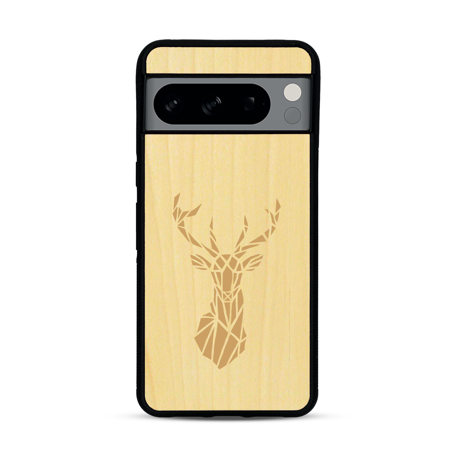 Coque de protection en bois véritable fabriquée en France pour  sur le thème de la nature et des animaux représentant une tête de cerf gométrique avec un design moderne et minimaliste
