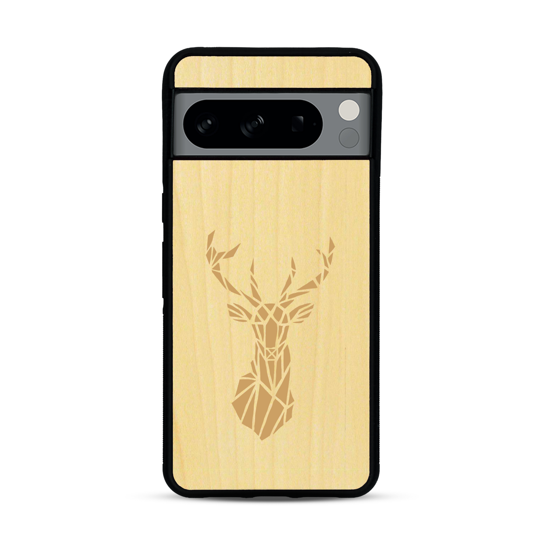 Coque de protection en bois véritable fabriquée en France pour  sur le thème de la nature et des animaux représentant une tête de cerf gométrique avec un design moderne et minimaliste