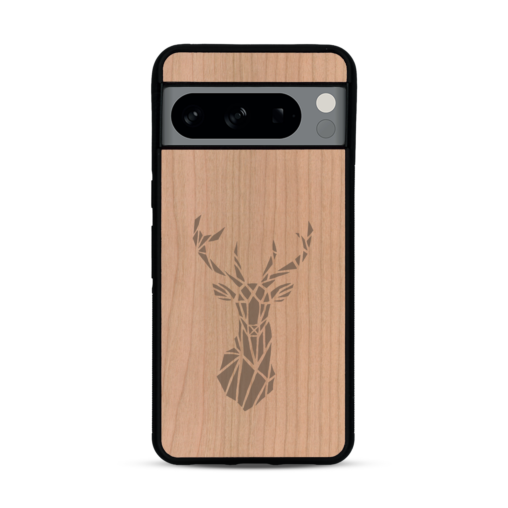 Coque de protection en bois véritable fabriquée en France pour  sur le thème de la nature et des animaux représentant une tête de cerf gométrique avec un design moderne et minimaliste