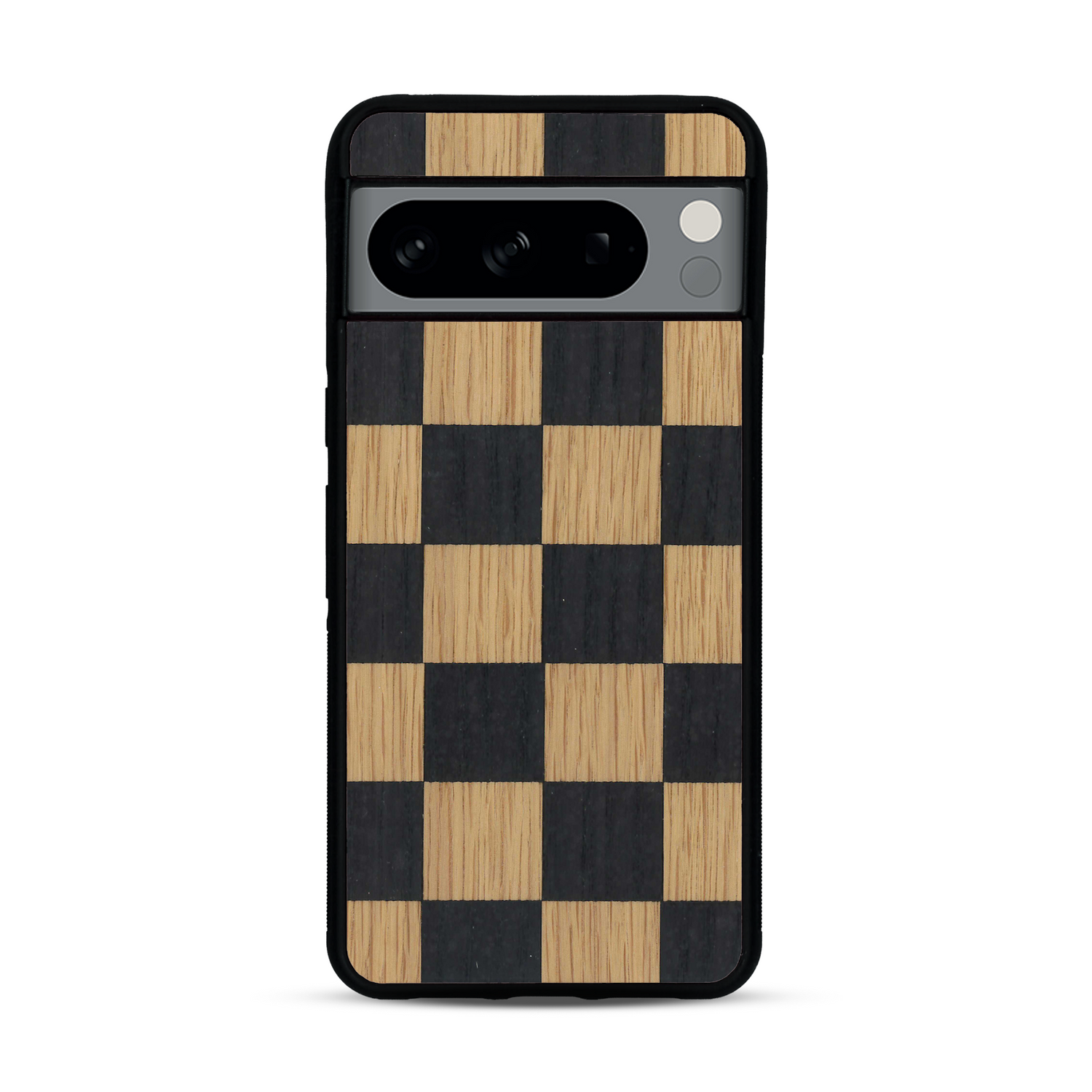 Coque de protection en bois véritable fabriquée en France pour  alliant plusieurs essences de bois pour représenter un damier