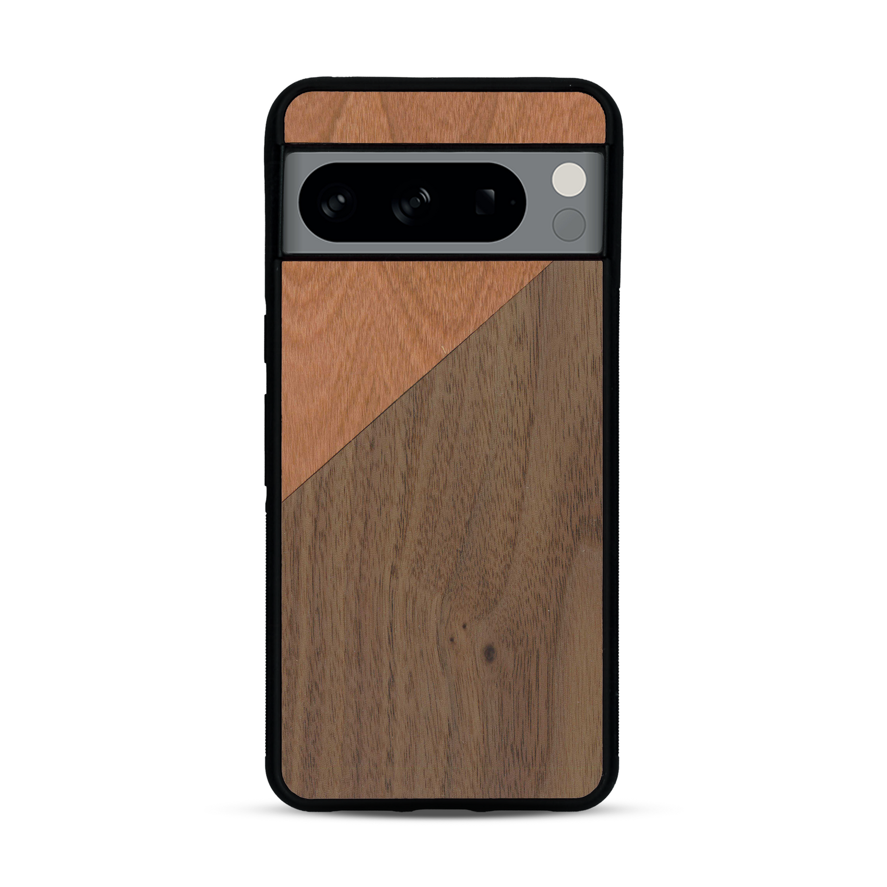 Coque de protection en bois véritable fabriquée en France pour  alliant du merisier et du noyer formant chacun un triangle avec une jointure en diagonale sur le thème de l'art abstrait