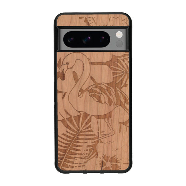 Coque de protection en bois véritable fabriquée en France pour Google Pixel 8pro sur le thème de la nature et des animaux représentant un flamant rose entre des fougères