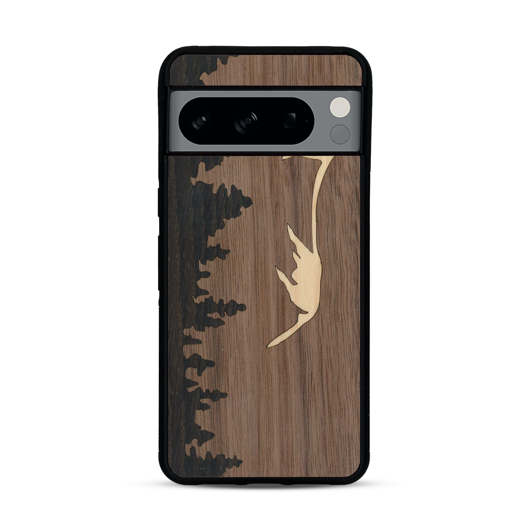 Coque de protection en bois véritable fabriquée en France pour  sur le thème de la nature et de la montagne qui allie du chêne fumé, du noyer et du bambou représentant le mont mézenc