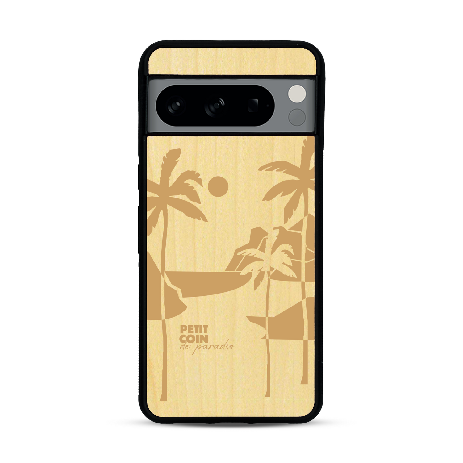 Coque de protection en bois véritable fabriquée en France pour  sur le thème des voyages en vans, vanlife et chill avec une gravure représentant un van vw combi devant le soleil couchant sur une plage avec des vagues