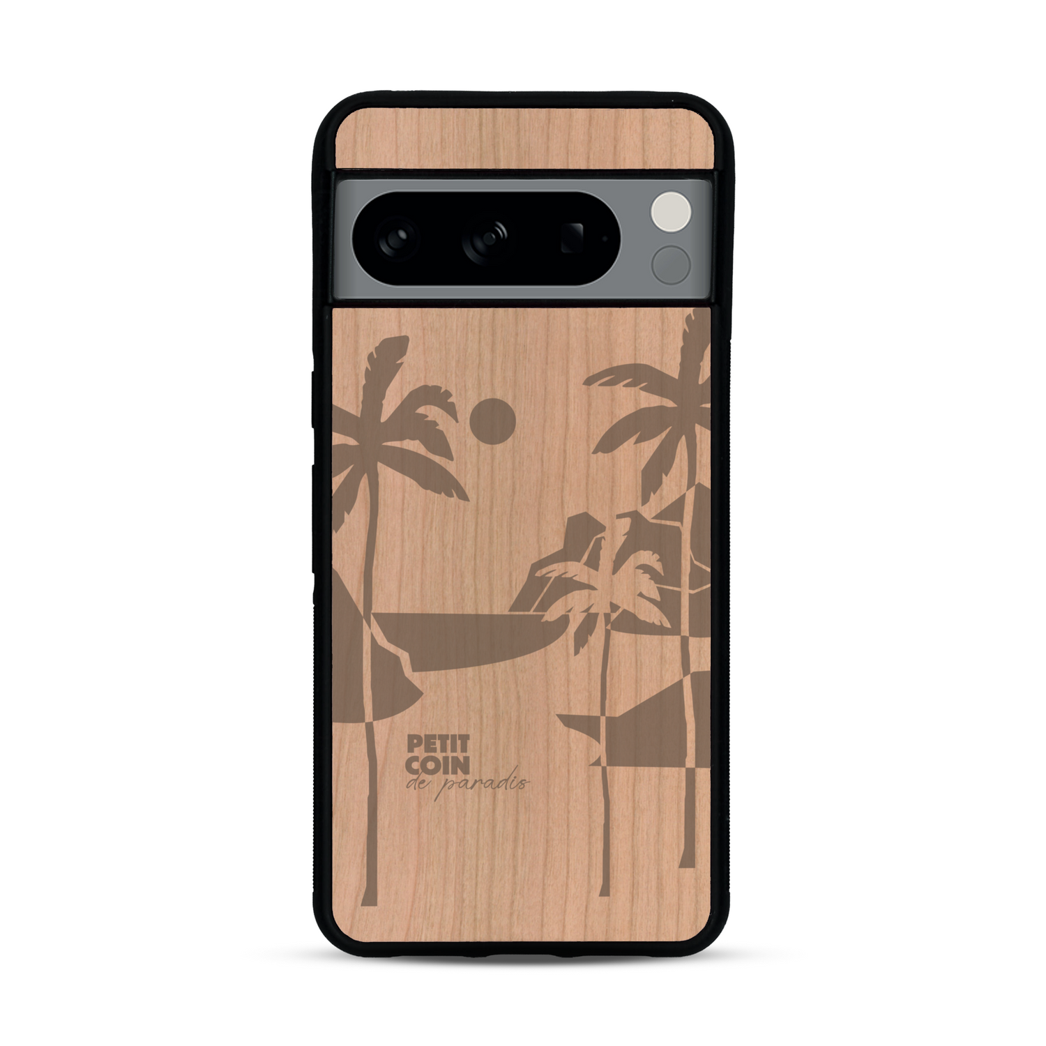 Coque de protection en bois véritable fabriquée en France pour  sur le thème des voyages en vans, vanlife et chill avec une gravure représentant un van vw combi devant le soleil couchant sur une plage avec des vagues
