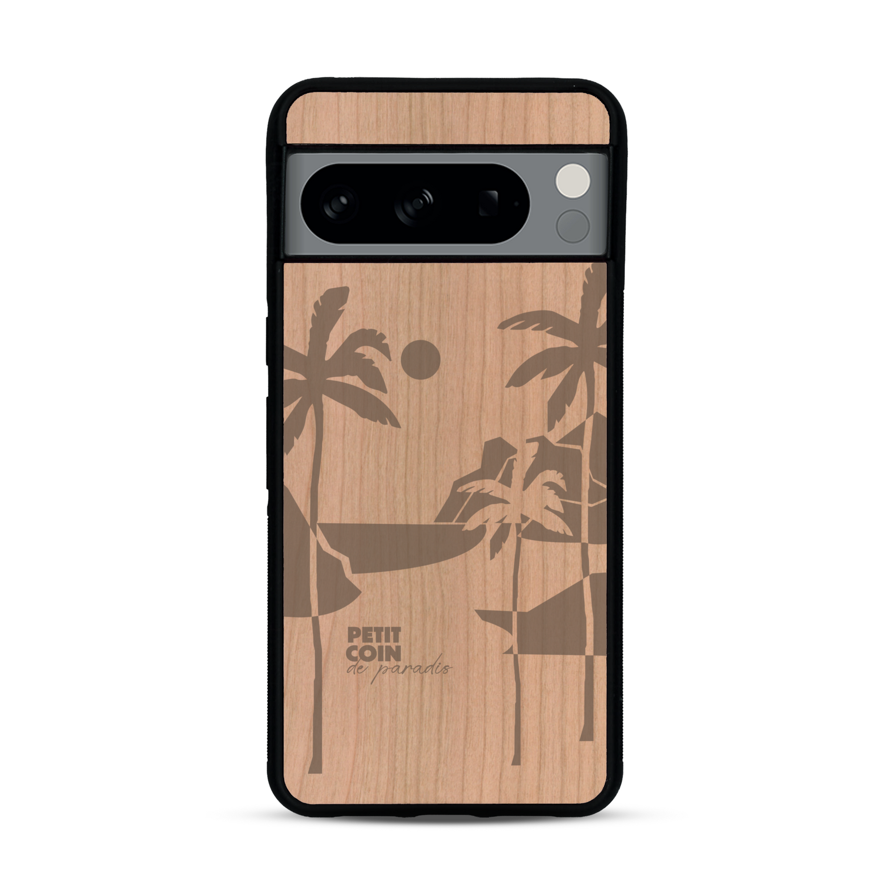 Coque de protection en bois véritable fabriquée en France pour  sur le thème des voyages en vans, vanlife et chill avec une gravure représentant un van vw combi devant le soleil couchant sur une plage avec des vagues